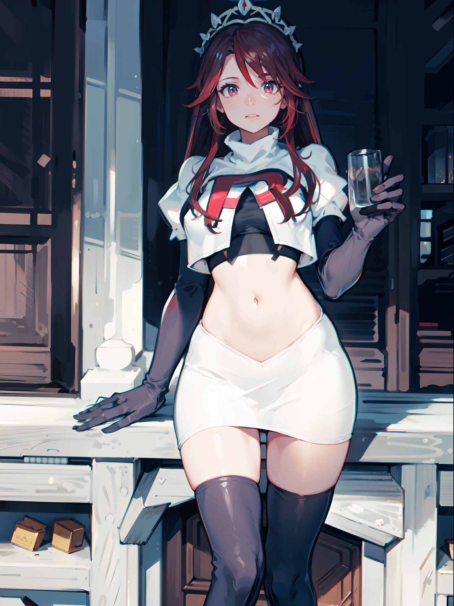rosariarnd,1girl,team rocket,team rocket uniform,white skirt,crop top,black thigh-highs,black elbow gloves,