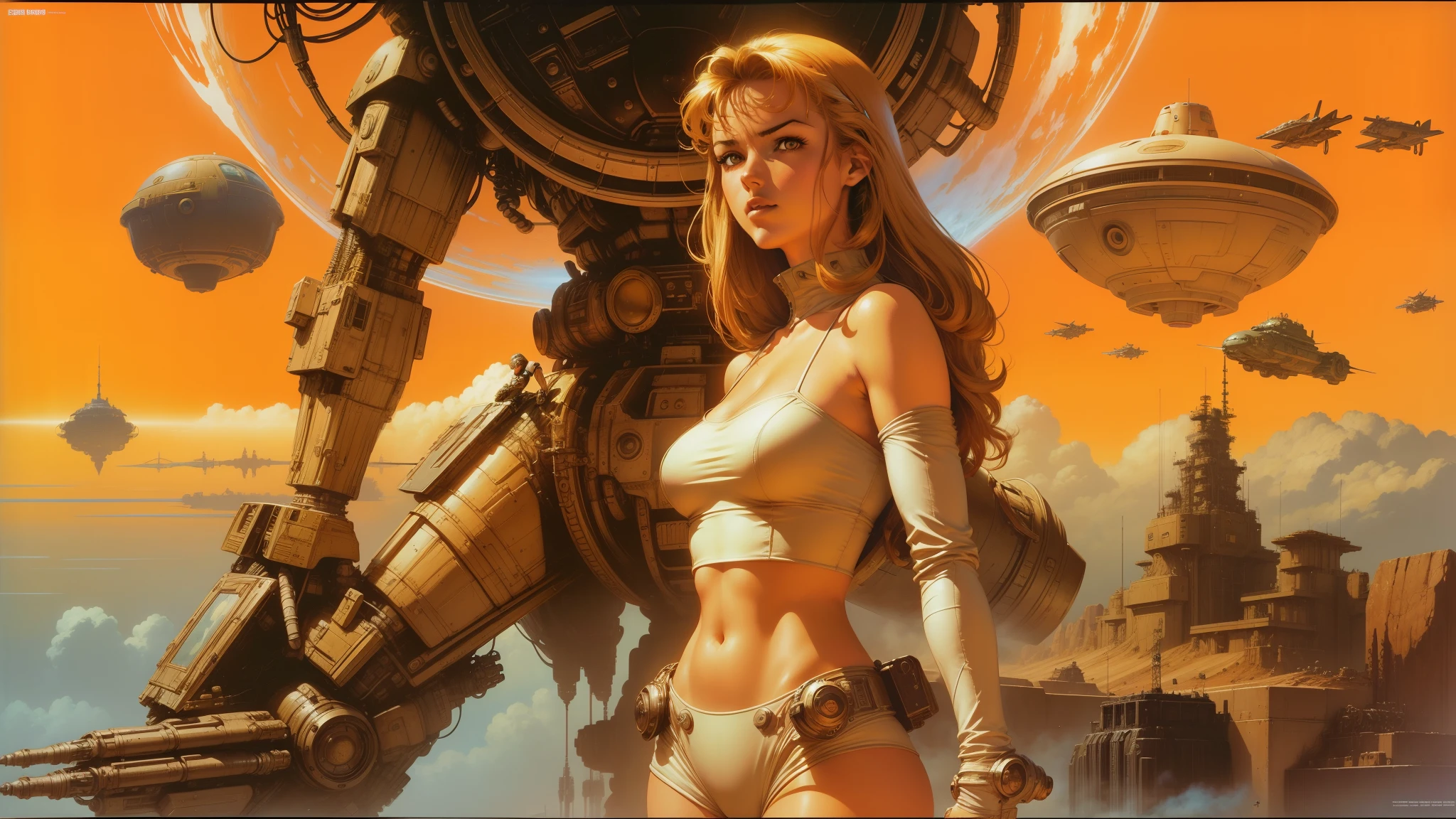 arafed image of a woman in a bikini standing in front of a giant robot, les edwards poster art, netfilx !n-9, terry moore, inspired by Konstantin Vasilyev, boardgamegeek, in intergalactic japan, mark brooks detailed, el dorado, dreamcast, pioneering aesthetic