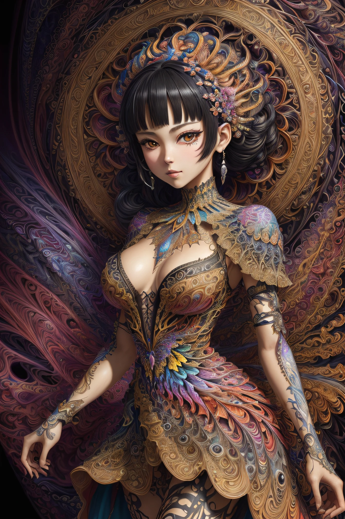(masterpiece, top quality, best quality, official art, beautiful and aesthetic:1.2), (1girl:1.3), extremely detailed,(fractal art:1.2),colorful,highest detailed,(zentangle:1.2), (dynamic pose), (abstract background:1.5), (treditional dress:1.2), (shiny skin), (many colors:1.4), upper body, masterpiece, best quality,high quality,highres, 16K,RAW,ultra highres,ultra details,finely detail,an extremely delicate and beautiful,extremely detailed,real shadow, anime,highly detailed painted,award winning glamour paintting,wonderful paintting,art style,stylized,