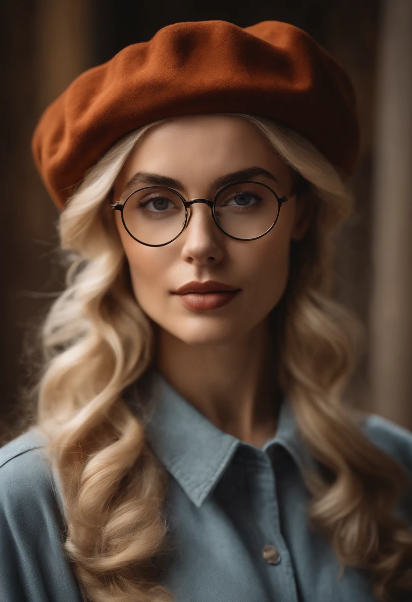 blonde woman, curly hair, round glasses, beret, characteristics of an INTP. Loves art, philosophy, history, literature, France, Argentina, martial arts, Full HD, 8K