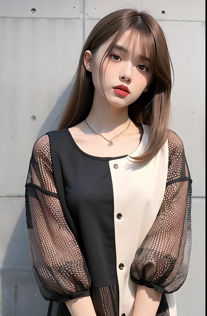 mix4,(top-quality), (Photorealsitic),(Concrete wall background:1.2), 1womanl, The upper part of the body, High Detail Face,, (Very light hair color on the inner)、FujifilmXT3、Bordeaux、 (8K)、Less bangs、(shorth hair:1.3)、(Hair with outward ends:1.6)、Wet hair、ssmile、Delicate and realistic skin and hair、cowboy shot、Patterned lace clothes、(Medium bob hair:1.1)、(Mesh color for black and blonde hair:1.5)、Less hair、adultlike face、Looking here、(Clothing that covers the shoulders:1.5)、Splash outside、Winter clothes