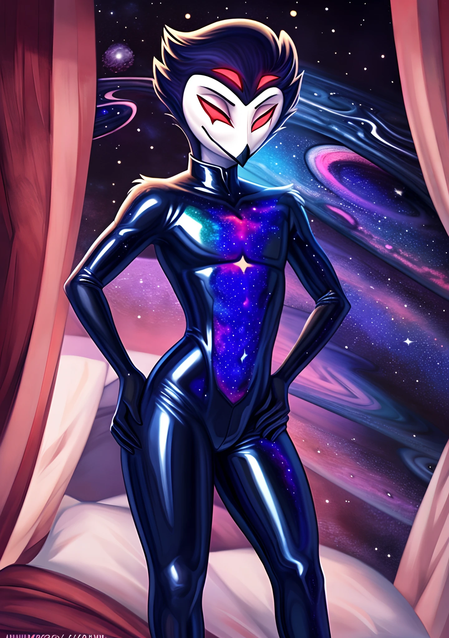 ((masterpiece)), ((8k quality)), (no watermark), stolas, male, mouth closed, detailed bedroom, standing, one hand on his hip, other hand at his side, (solo:1.4), sleek, shiny (((cosmic:1.5))) colored latex suit