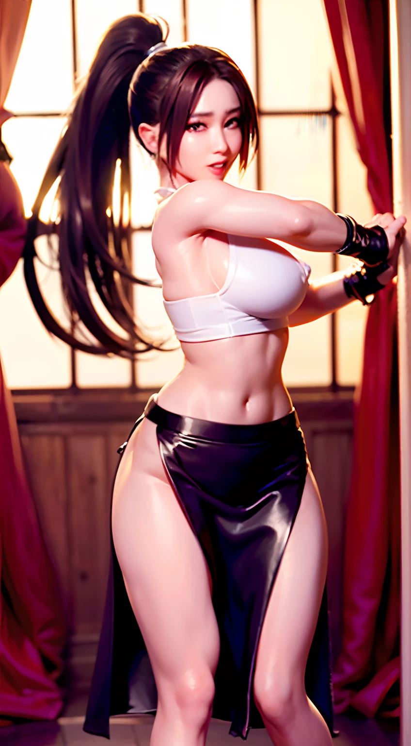 masterpiece, top-quality, Hi-Res, (Photorealsitic:1.4), 耳Nipple Ring, (depth of fields:1.8), Korean Beautiful Girl, Thigh Gaps, 1 persons, The long-haired, poneyTail, (独奏:1.1), blanche, (Slit skirt curtain:1.5),The wind is blowing and the skirt is turned up, revealing the white panties、(Halter neck T-shirt), ninjartist, ninjartist, Plain shoulders, elbowgloves, (looking at viewerer:1.2), (A smile:1.2), (full body Esbian:1), (city:1.5), medium breasts, (pureerosface_v1:0.5),