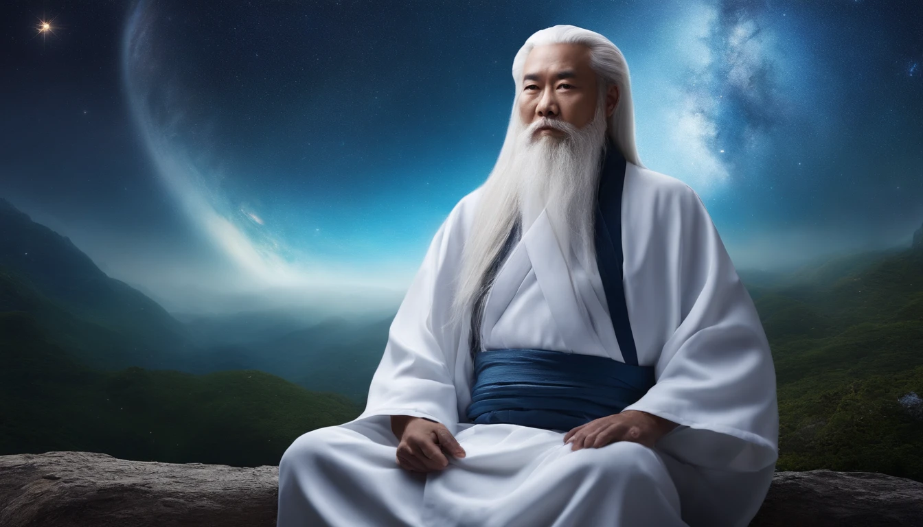 30 years old Asian middle-aged Taoist elder sitting in blue galaxy close-up,long white hair,A meditative,Has a white beard,Meditation cross-legged,Daoism, Wear a white robe and a white belt,at centre,Face the lens,Space starry sky background,milky ways,Taoist master,Taoist,universe background,Very bright colors, Light particles, with light glowing, Mshiv, wallpaper art, UHD wallpaper