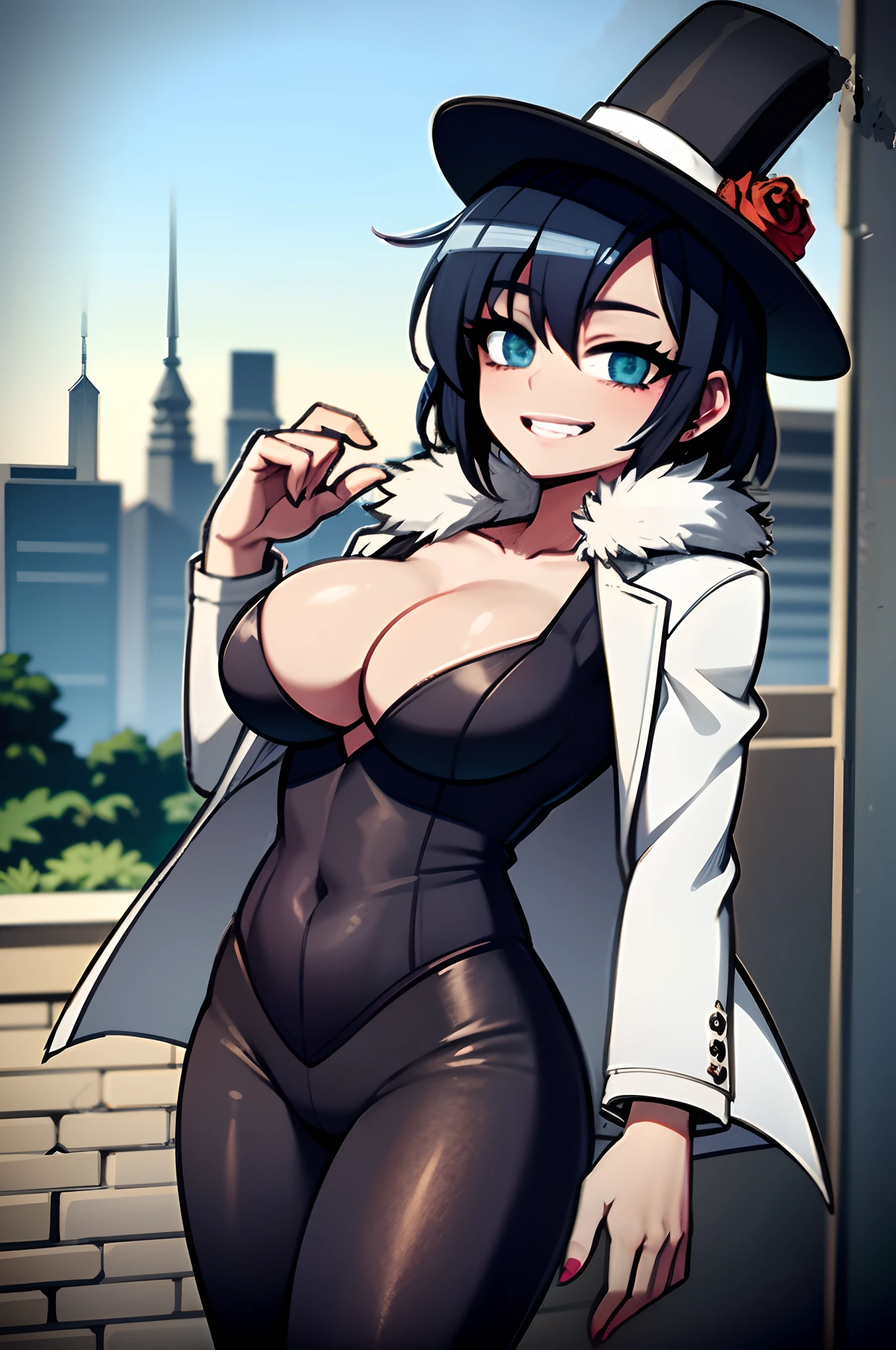 personagem de anime com uma cartola e uma roupa preta, (SFW) seguro para o trabalho, atraente matoi ryuko, menina anime sedutora, anime moe artstyle, Anya, Spy X Family, Commission for High Res, commission for, Crotchet cena mal-humorada, Cidade em segundo plano, Crotchet, Preto - Mago Cabelo, bem - vestido, na cidade, OC Commission