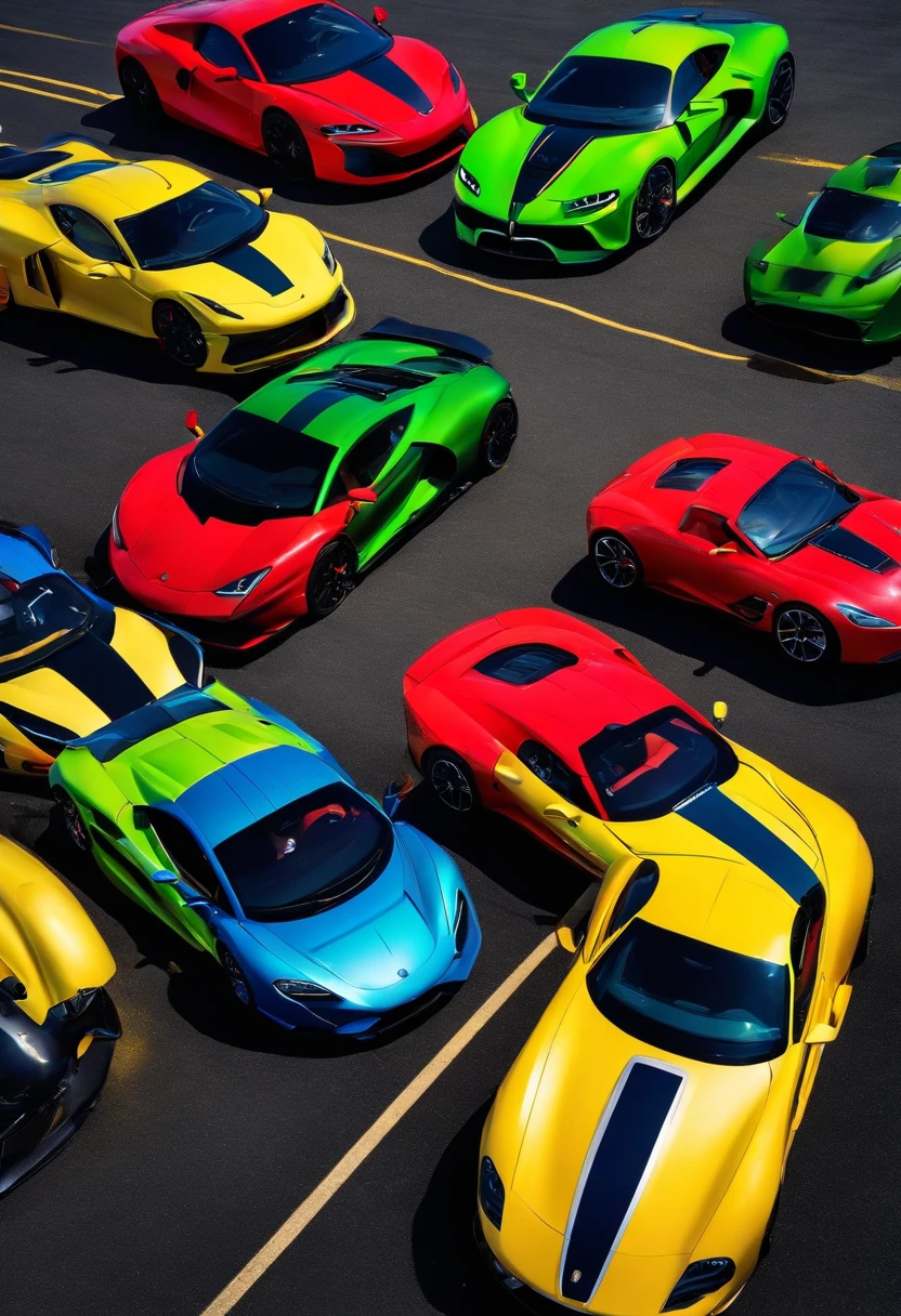 Four sports cars of different colors (red, yellow, blue, and green) are driving in a row from far to near
