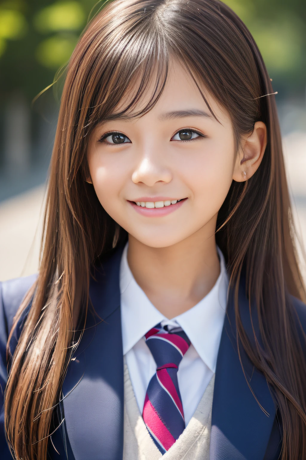 (8K、Raw photography、top-quality、​masterpiece:1.2)、(realisitic、Photorealsitic:1.37)、ultra-detailliert、超A high resolution、女の子1人、(beautifull detailed face、Golden ratio face on left and right、well-balanced eyes、二重まぶた)、Beautiful detailed skin、Skin Texture、Professional Lighting、(Very beautiful 10 year old girl)、japanese hight school uniform、Happy smile