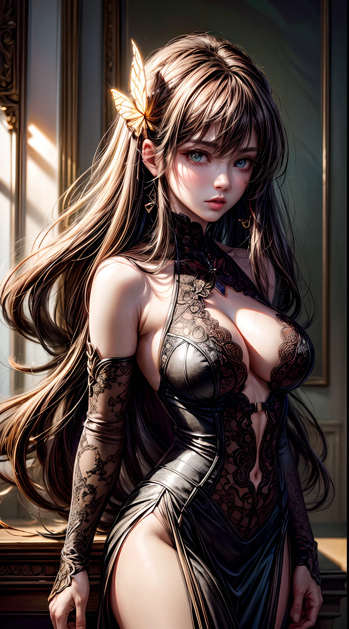 (tmasterpiece), (Better quality),8k beautiful cyborg with brown hair,Pink lace slip dress, iintricate, elegant, Highly detailed, Majestic, Digital photography, art by artgerm and ruan jia and greg rutkowski surreal painting gold butterfly filigree, Broken glass, (Masterpiece, side-lighting, (fine detailed beautiful eyes: 1.2), hdr,(Add details/1.5)
