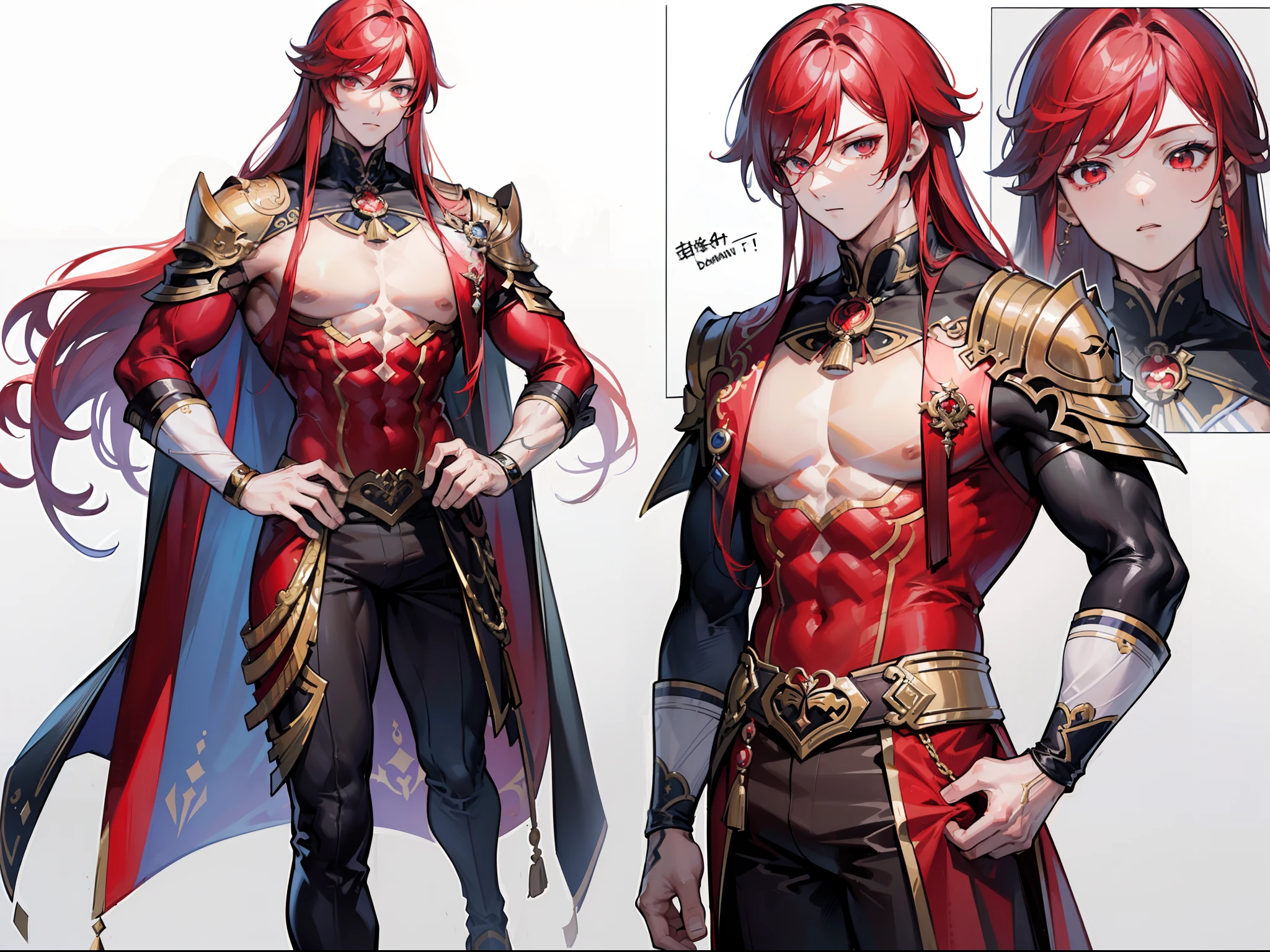 ((Masterpiece, Highest quality)), Male, boy, Detailed face, character design sheet, full bodyesbian, Full of details, frontal body view, back body view, Highly detailed, Depth, Many parts, Muscle boy with long red hair with long bangs,handsome man, muscle body, vampire outfits clothes, Genshin Impact, man tall, pectoral muscles, abs