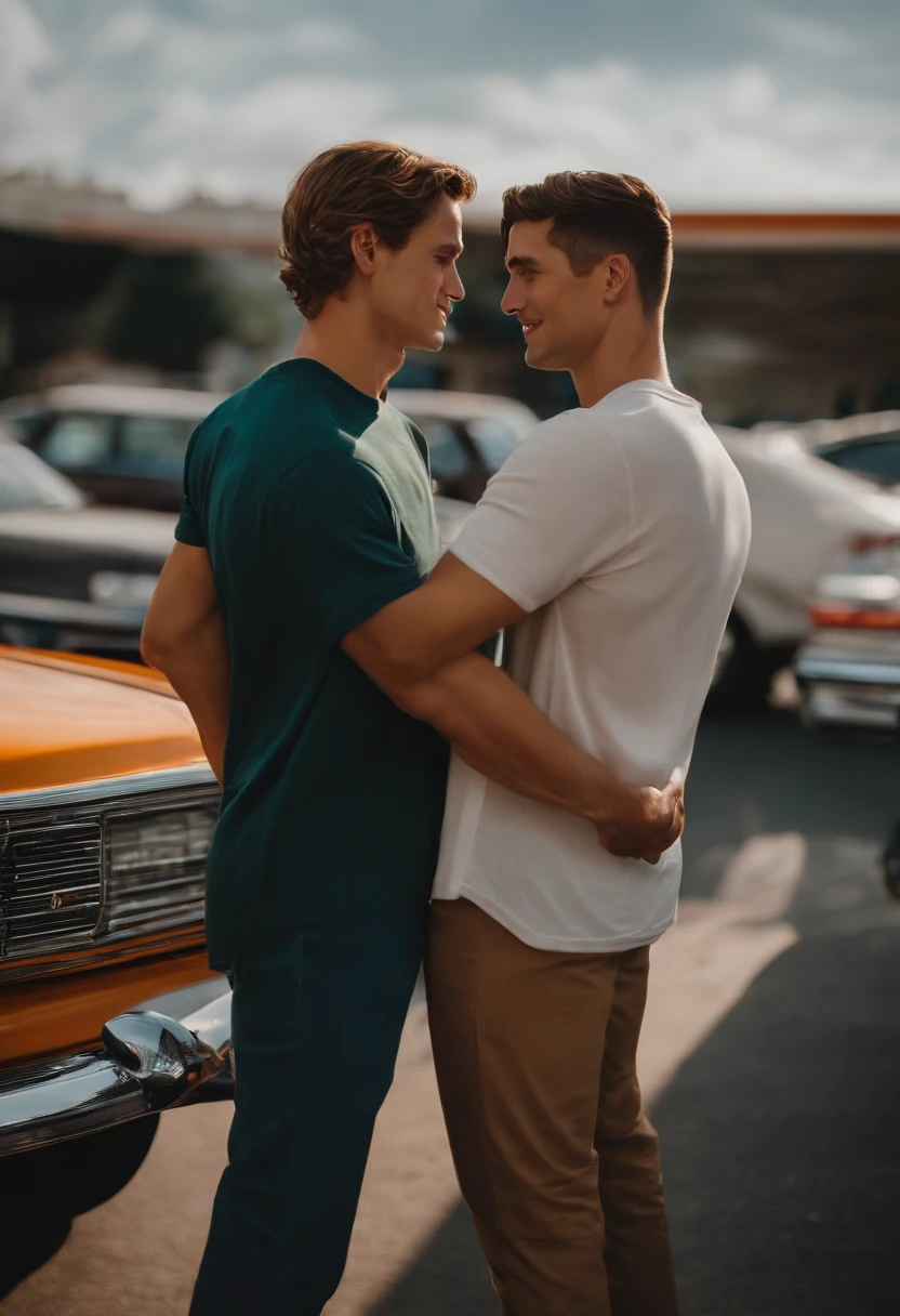 Give me two young men hugging each other in a parking lot
