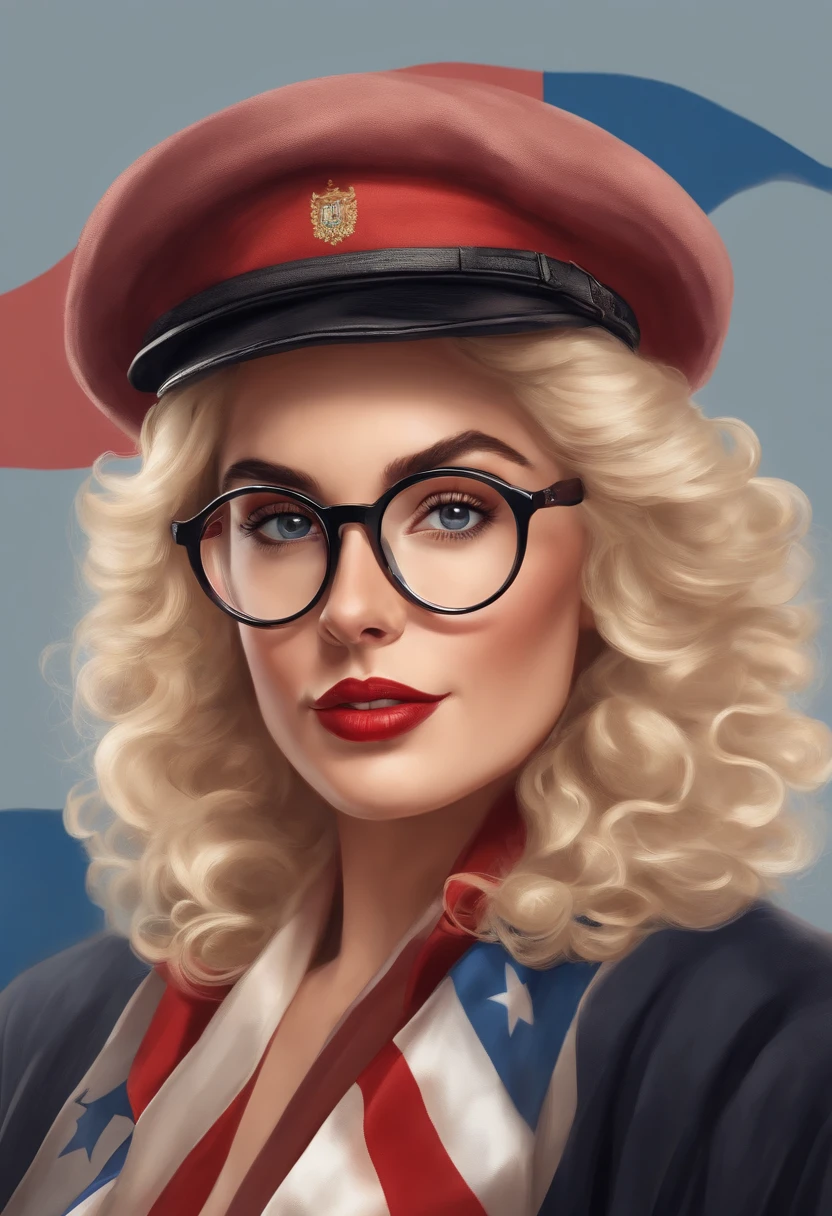 blonde woman, curly hair, round glasses, beret, characteristics of an INTP. História teacher and visual artista Loves art, philosophy, history, literature, martial arts, Full HD, 8K, background with flag of France and Argentina