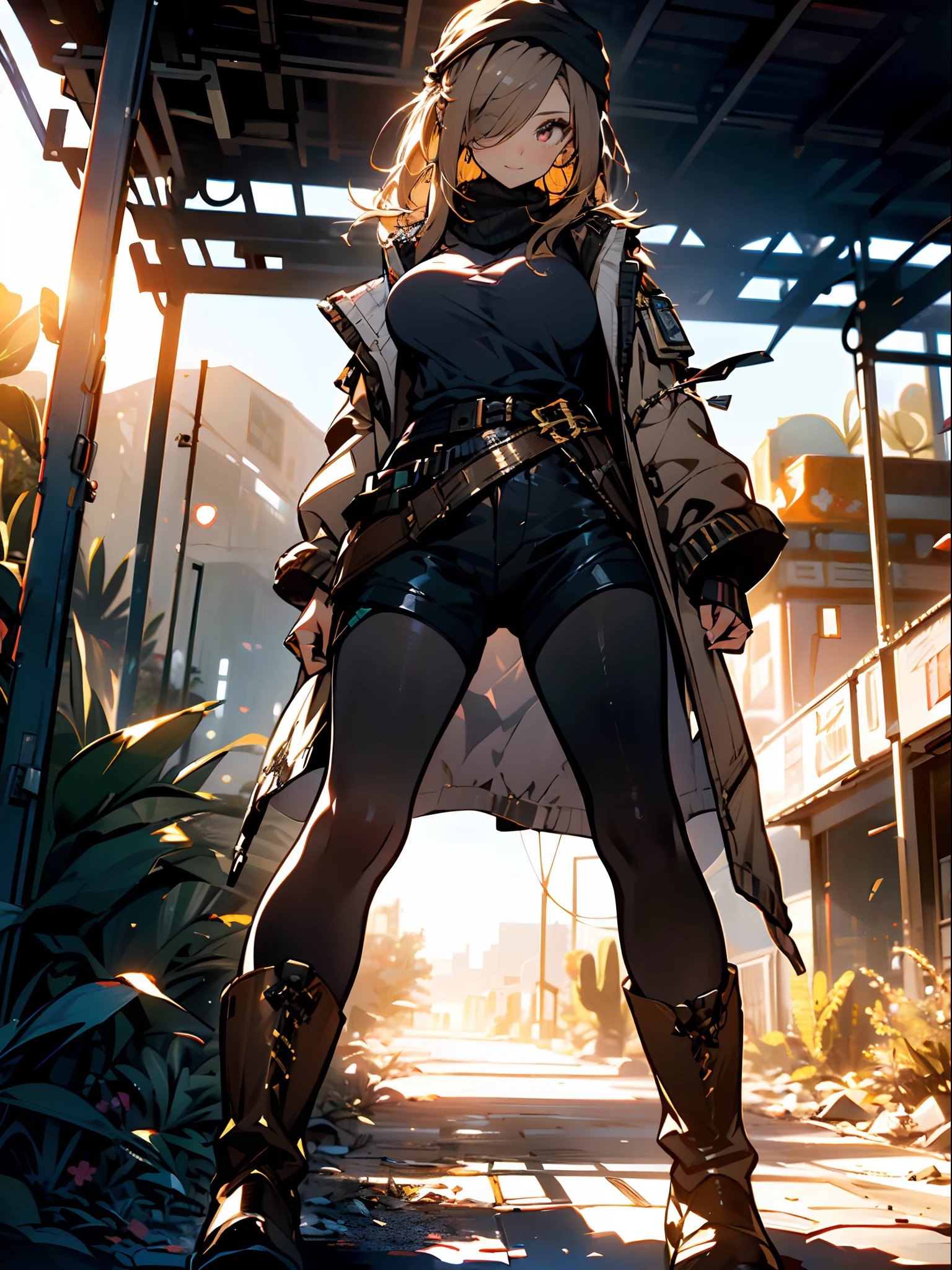 ((in a desert:1.5)), a matured woman with long hair and a white outfit, (resting in oasis:1.2), Arabic, Post apocalyps, from arknights, artwork in the style of guweiz, bodyesbian, fine details. girls frontline, beautiful anime illustration, from girls frontline, by Yang J, stunning, 26 years old, (solo:1.5), (sfw:1.25), sagging breast, large breasts, big tits, thin waist, big ass, Raised sexy, (dark mahogany medium long hair, updo, hair over one eye, asymmetric hair, Carly hair, low tied),(musulman, Headscarfs, hair bands, head vandage, Turban), (ultra high resolution, 8K RAW photo, photo realistics, weak outline:1.3, clear focus), best qualtiy, natural lighting, blurry back ground, field depth, (Bright pupils, detailed beautiful eyes, high detailed face), Red lip, looking at viewers, (tight focus:1.2, from below), sexy posing, seductive weak smiling, center image, (wearing white long jacket and clothes, wearing short pants, gold ornaments, white clothes rolling around waist, camel-brown long leather boots, translucent lace pantyhose), ((correct anatomy:1.5)), ((outdoor:1.2)),