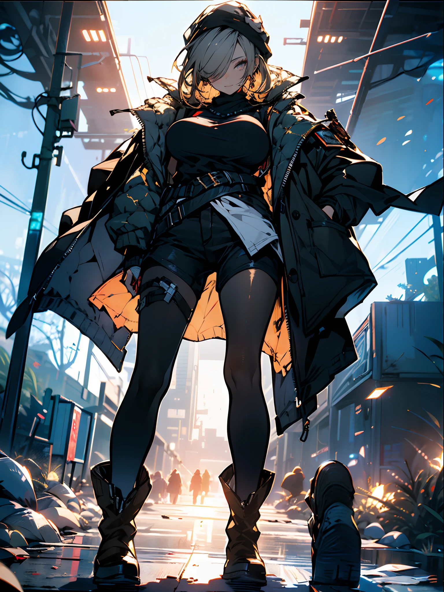 ((in a desert:1.5)), a matured woman with long hair and a white outfit, (resting in oasis:1.2), Arabic, Post apocalyps, from arknights, artwork in the style of guweiz, bodyesbian, fine details. girls frontline, beautiful anime illustration, from girls frontline, by Yang J, stunning, 26 years old, (solo:1.5), (sfw:1.25), sagging breast, large breasts, big tits, thin waist, big ass, Raised sexy, (dark mahogany medium long hair, updo, hair over one eye, asymmetric hair, Carly hair, low tied),(musulman, Headscarfs, hair bands, head vandage, Turban), (ultra high resolution, 8K RAW photo, photo realistics, weak outline:1.3, clear focus), best qualtiy, natural lighting, blurry back ground, field depth, (Bright pupils, detailed beautiful eyes, high detailed face), Red lip, looking at viewers, (tight focus:1.2, from below), sexy posing, seductive weak smiling, center image, (wearing white long jacket and clothes, wearing short pants, gold ornaments, white clothes rolling around waist, camel-brown long leather boots, translucent lace pantyhose), ((correct anatomy:1.5)), ((outdoor:1.2)),