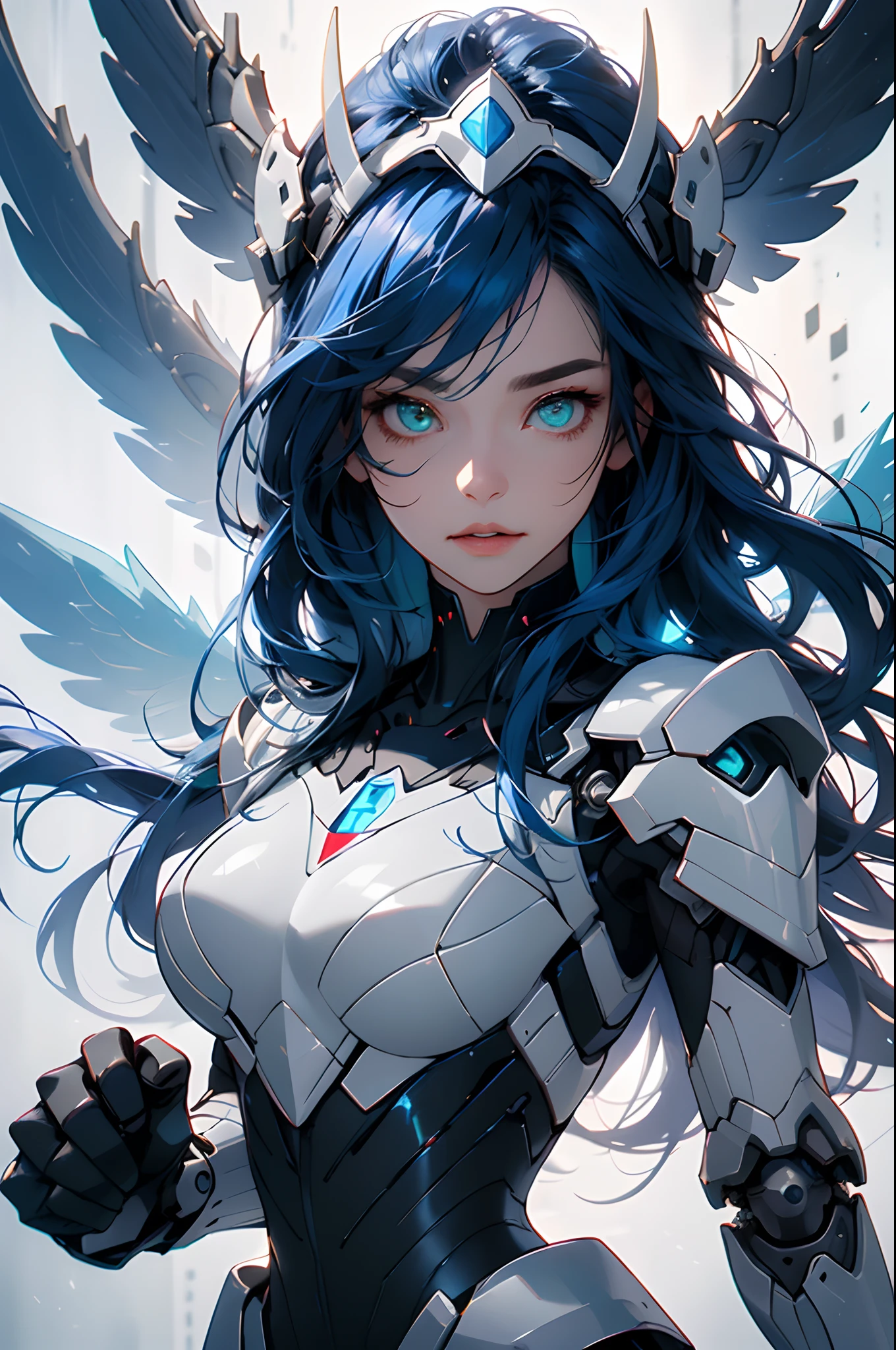 Top quality, Masterpiece, finedetail, super precision, very elaborate 8K wallpaper, Robot girl, (Long blue hair), (White mechanical armor), (Green eyes), (Machine-sharp headdress), (Mechanical wings on the shoulders), The glowing core in the middle of my chest, (Mechanical joints), (Five fingers, 4fingers and 1thumbs),