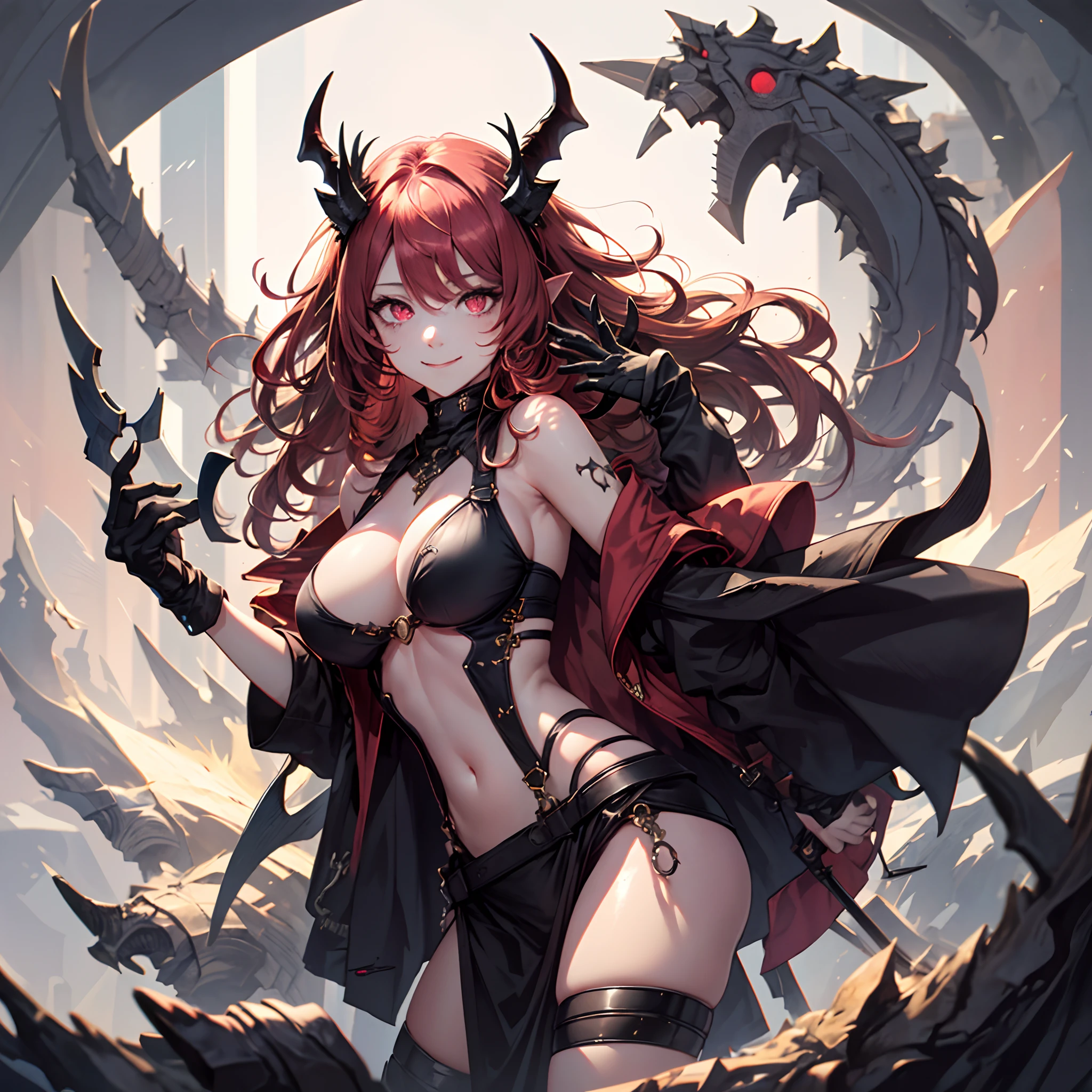 1girl in, Horns, Solo, pointy ear, Long hair, underboob,  Bare shoulders, Looking at Viewer, Upper body, Demon Girl, shairband, Smile, Closed mouth, Demon Horns, Pink eyes, Curled horns, Hand up, Red Eyes，Huge breasts,(Shiny skin),elder sister,succubus,