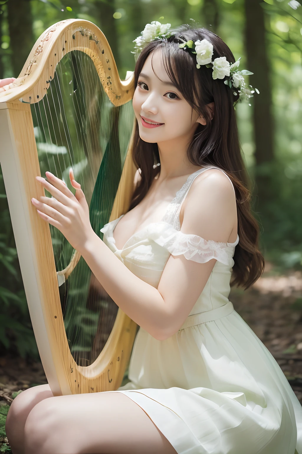 (((Perfect Harp,Playing a smaller harp,How to play the harp correctly,Perfect detail of the small harp,Photo from the knee up))),((Half Japan and half Spanish, 25-years old,Perfect face,Yellow-green and white princess dress,the flower crown,Perfect makeup,A slender,Breasts are big,A small square in the depths of a fantastic and beautiful forest,Sit on a small stump,Playing a smaller harp)),((Sacred Forest Trees々Sunlight shining in from between,Turn to this,View here,Play gracefully,Perfect fingers,perfect arms,A beautiful smile is staring at me,Graceful and beautiful)),((Forest of Illusions,细致背景,top-quality,The ultra -The high-definition,Perfect Anatomy,high-definition RAW color photography,professional photograpy, extremely delicate and beautiful, Extremely detailed,finely detail, Huge file size,Top image quality,8K,Photos taken with a single-lens reflex camera,Award-Winning Works,masutepiece))