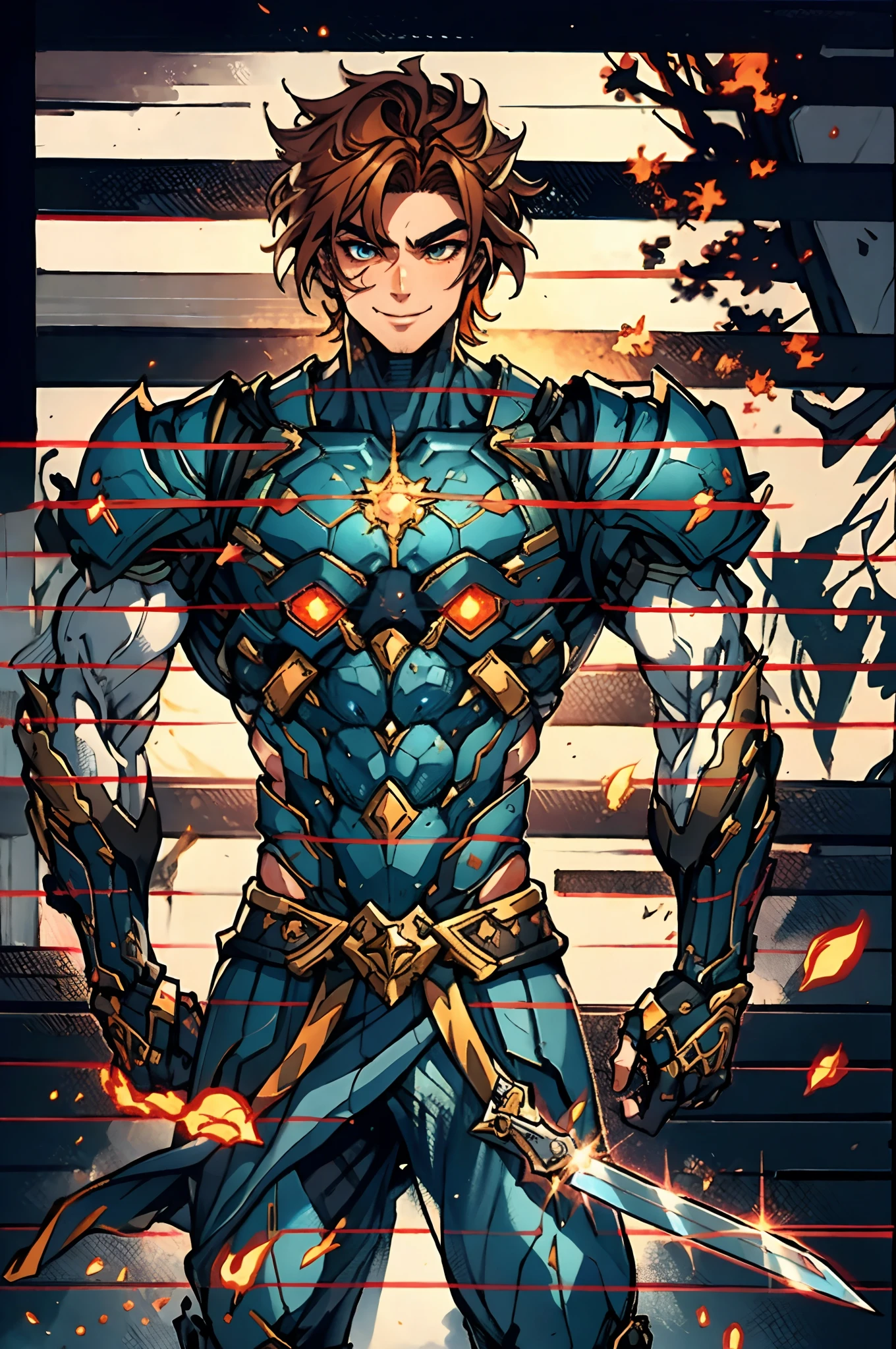 A young man with short orange-brown hair, a wild hairstyle, knife-like thick eyebrows, bright and spirited big eyes, a fearless expression, a smile at the corner of his mouth, he wears a bizarre fantasy surreal-style chest armor with scales textures, wearing a dark bodysuit underneath, fingerless gloves, a beautifully crafted fur belt around his waist, matching coarse cloth trousers, undaunted and wild posture, the background depicts a torn sky and earth, this character embodies a finely crafted fantasy surreal-style in anime style, characterized by an exquisite and mature manga illustration art style, high definition, best quality, highres, ultra-detailed, ultra-fine painting, extremely delicate, professional, anatomically correct, symmetrical face, extremely detailed eyes and face, high quality eyes, creativity, RAW photo, UHD, 8k, Natural light, cinematic lighting, masterpiece-anatomy-perfect, masterpiece:1.5