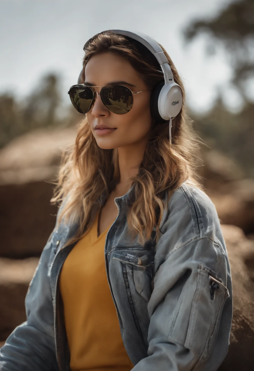 Perfect centralization, urso panda bonito, Use uma jaqueta da equipe de estudantes, wearing sunglasses, Usando fones de ouvido, alegria, Standing position, beleza abstrata, Centrado, looking at the camera, Facing the camera, nearing perfection, Dynamic, altamente detalhado, liso, foco nítido, 8k, high-definition resolution, illustration, arte de Carne Griffiths e Wadim Kashin, fundo branco
