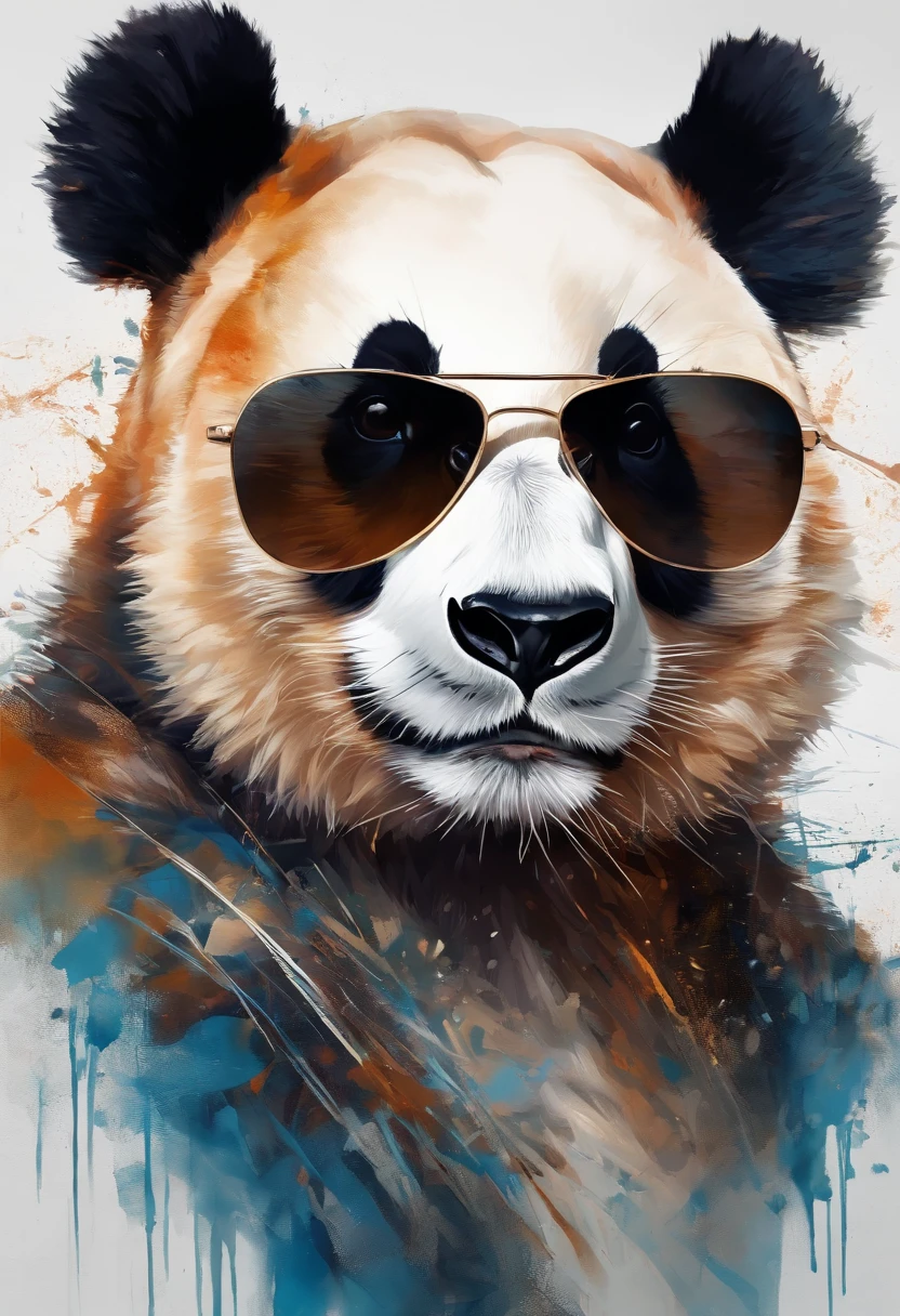 Perfect centralization, urso panda bonito, Use uma jaqueta da equipe de estudantes, wearing sunglasses, Usando fones de ouvido, alegria, Standing position, beleza abstrata, Centrado, looking at the camera, Facing the camera, nearing perfection, Dynamic, altamente detalhado, liso, foco nítido, 8k, high-definition resolution, illustration, arte de Carne Griffiths e Wadim Kashin, fundo branco