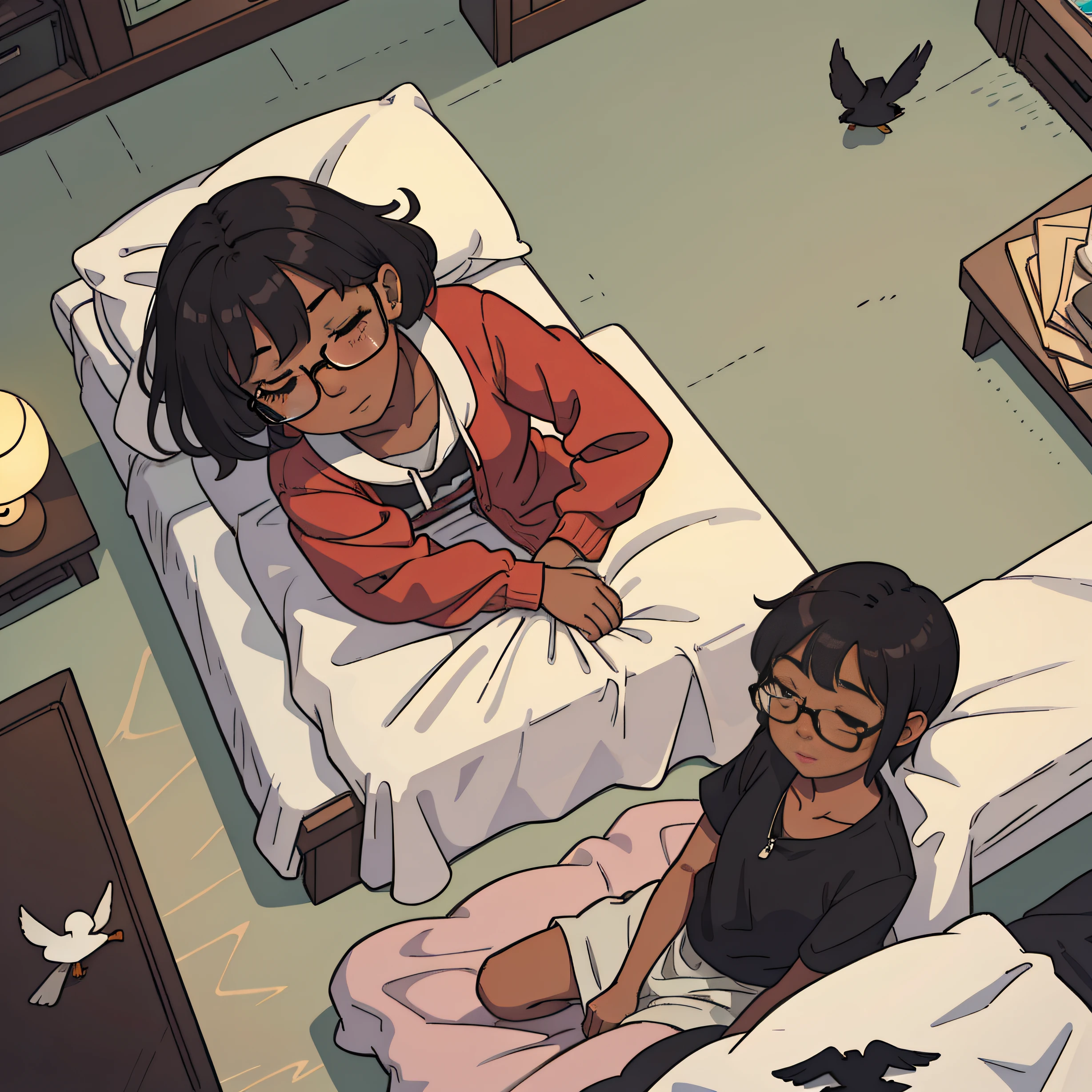 dark skinned girl, glasses, sleeping, bedroom background ,bird eye view, sitting on bed, short hair, black hair
