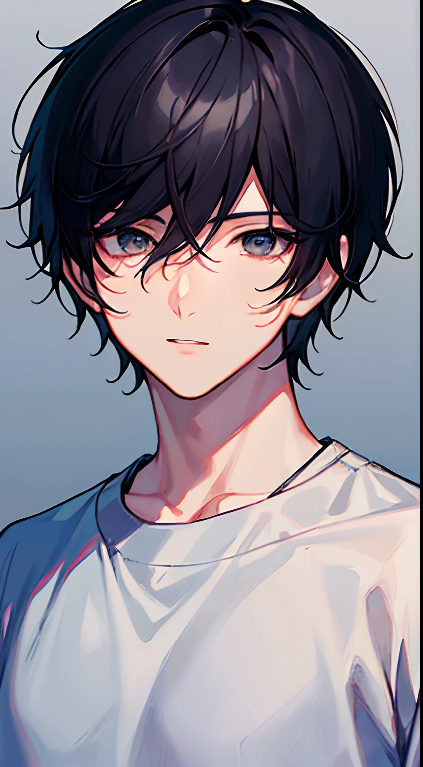 1boys, Black hair, Short hair, With gray eyes, Detailed eyes,solofocus, Simple background, Male focus, Solo, standing, sung jinwoo, Portrait,, (Masterpiece:1.0), (Best quality:1.0), (8K wallpaper:1.0), (Beautiful detailed face:1.0), (Detailed deep eyes),  Deep eyes,view the viewer,