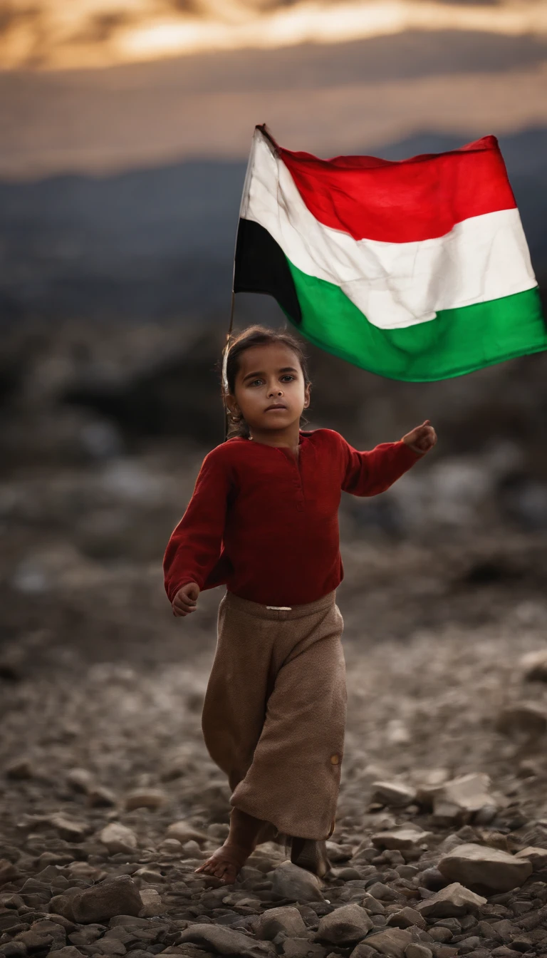 palestine flag correctly, dramatic sunset and cloudy, stars, Palestine earthquake, one using hijab from behind hold a waving Palestine flag looking at rubble and destruction, somber, hope, Palestine flag, hijab, muslim