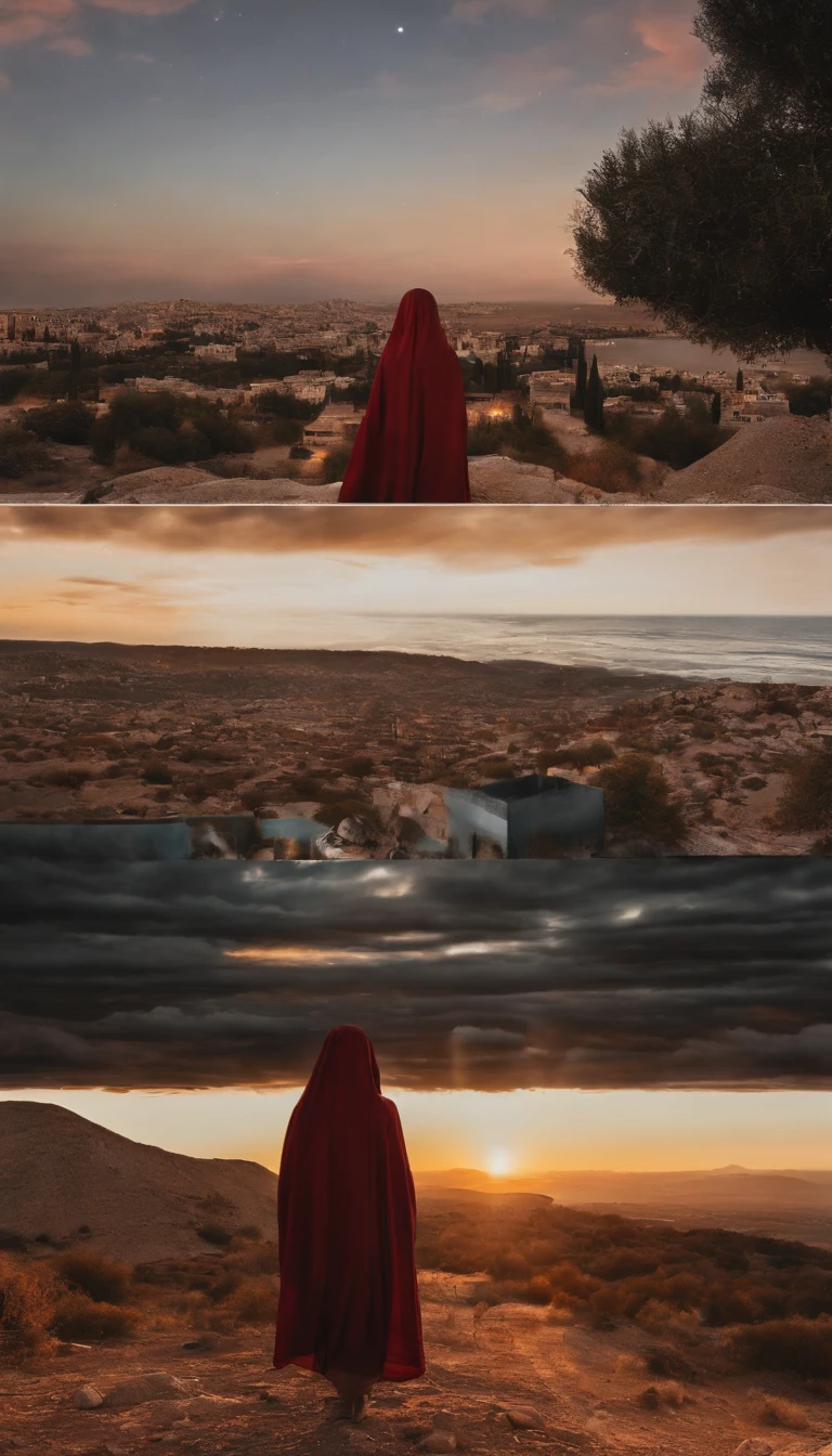 palestine flag correctly, dramatic sunset and cloudy, stars, Palestine earthquake, one little girl using hijab from behind hold a waving Palestine flag looking at rubble and destruction, somber, hope, Palestine flag, hijab, muslim