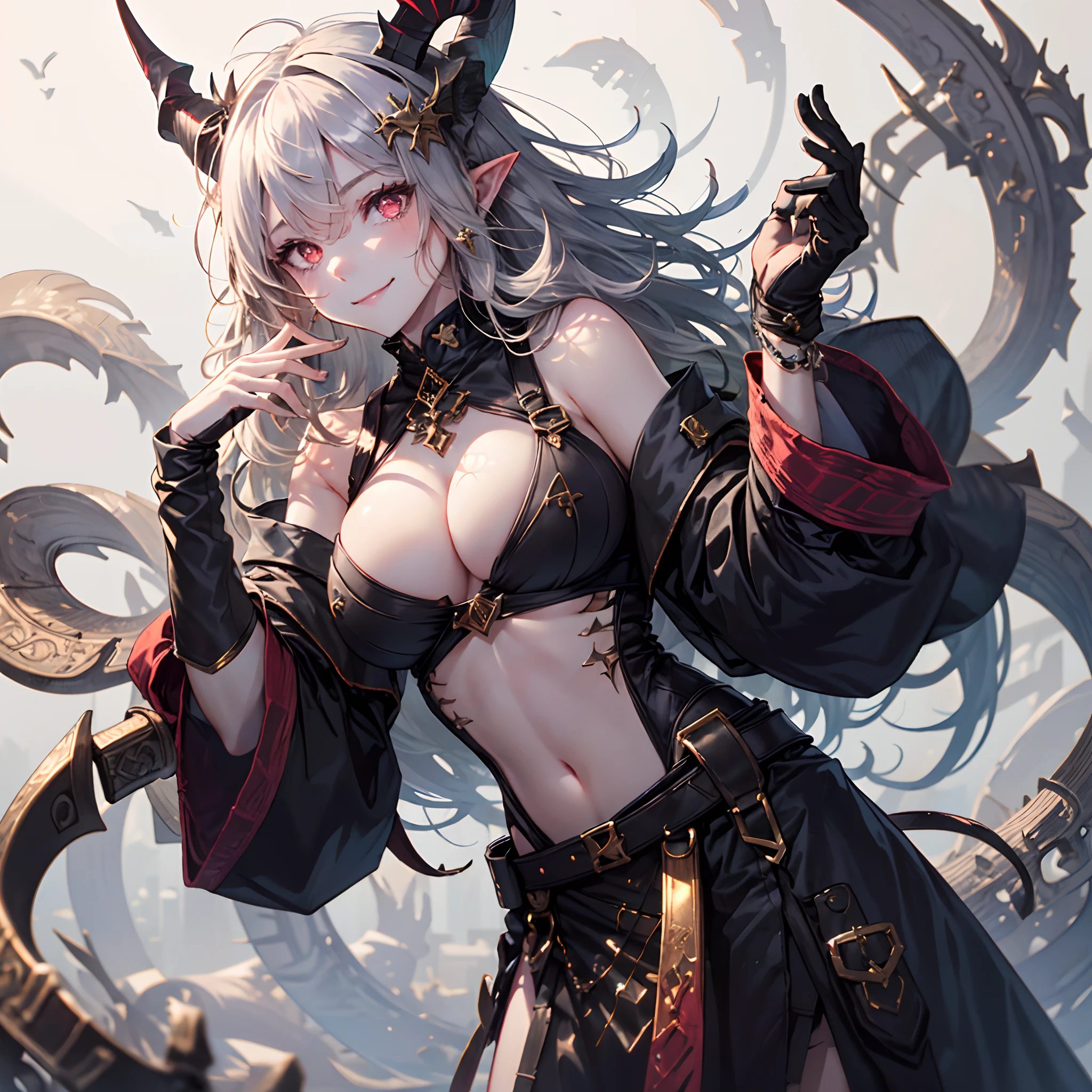 1girl in, Horns, Solo, pointy ear, Long hair, underboob, Bare shoulders, Looking at Viewer, Upper body, Demon Girl, shairband, Smile, Closed mouth, Demon Horns, Pink eyes, Curled horns, Hand up, Red Eyes,Huge breasts,(Shiny skin),elder sister,succubus,