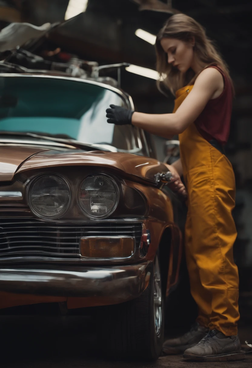 A masterpiece Mechanical girl repairing a car, Corpo Perfeito, perfect head, Wearing mechanical overalls, disco Rigido