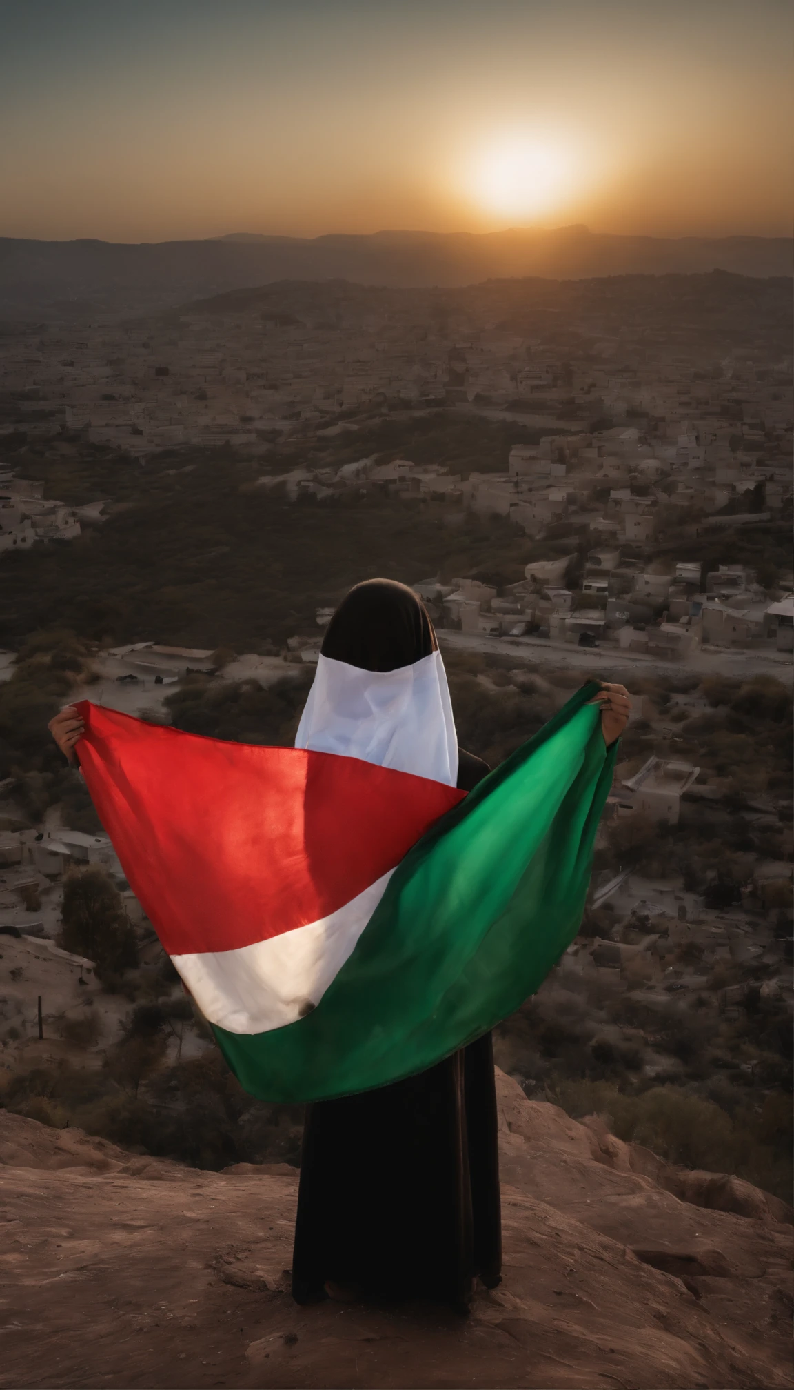 palestine flag correctly, dramatic sunset and cloudy, stars, Palestine earthquake, one using hijab from behind hold a waving Palestine flag looking at rubble and destruction, somber, hope, Palestine flag, hijab, muslim