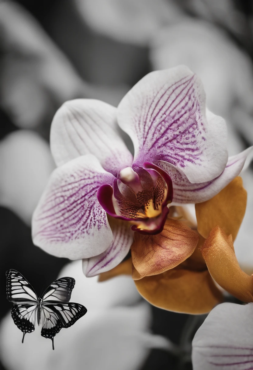 Generate an orchid and butterfly texture,It is used on clothes and fabrics,black andwhite,k hd