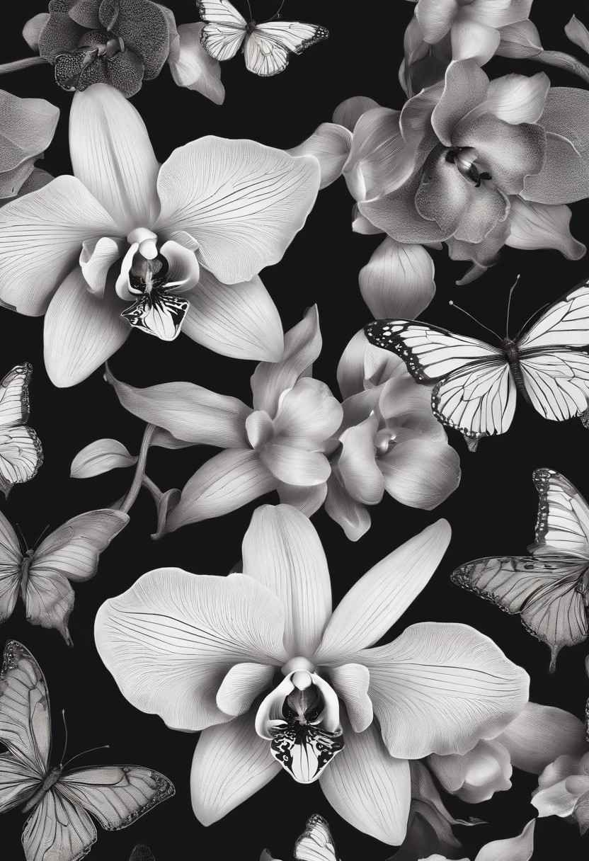 Generate an orchid and butterfly texture，It is used on clothes and fabrics，black andwhite，k hd