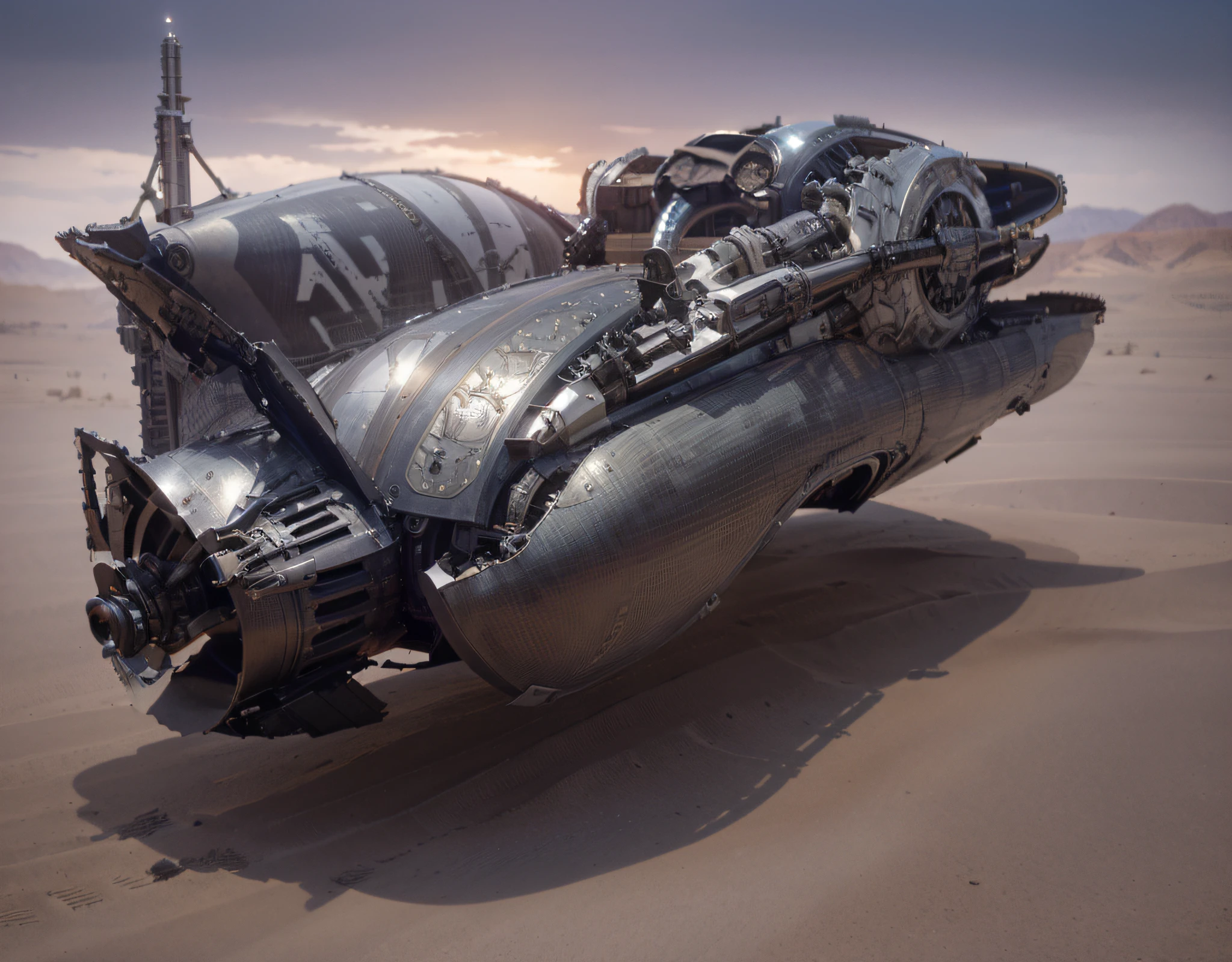 levitating biomechanical style tank, dark silver color with purple details, it is in a desert, aerial view, Ultra detailed, Hyper realistic, 4k, Ultra detailed image, realistic, Highly detailed, perfect composition, beautiful intricately detailed incredibly detailed, 8K fine art photography , hyper detailed, Masterpiece
