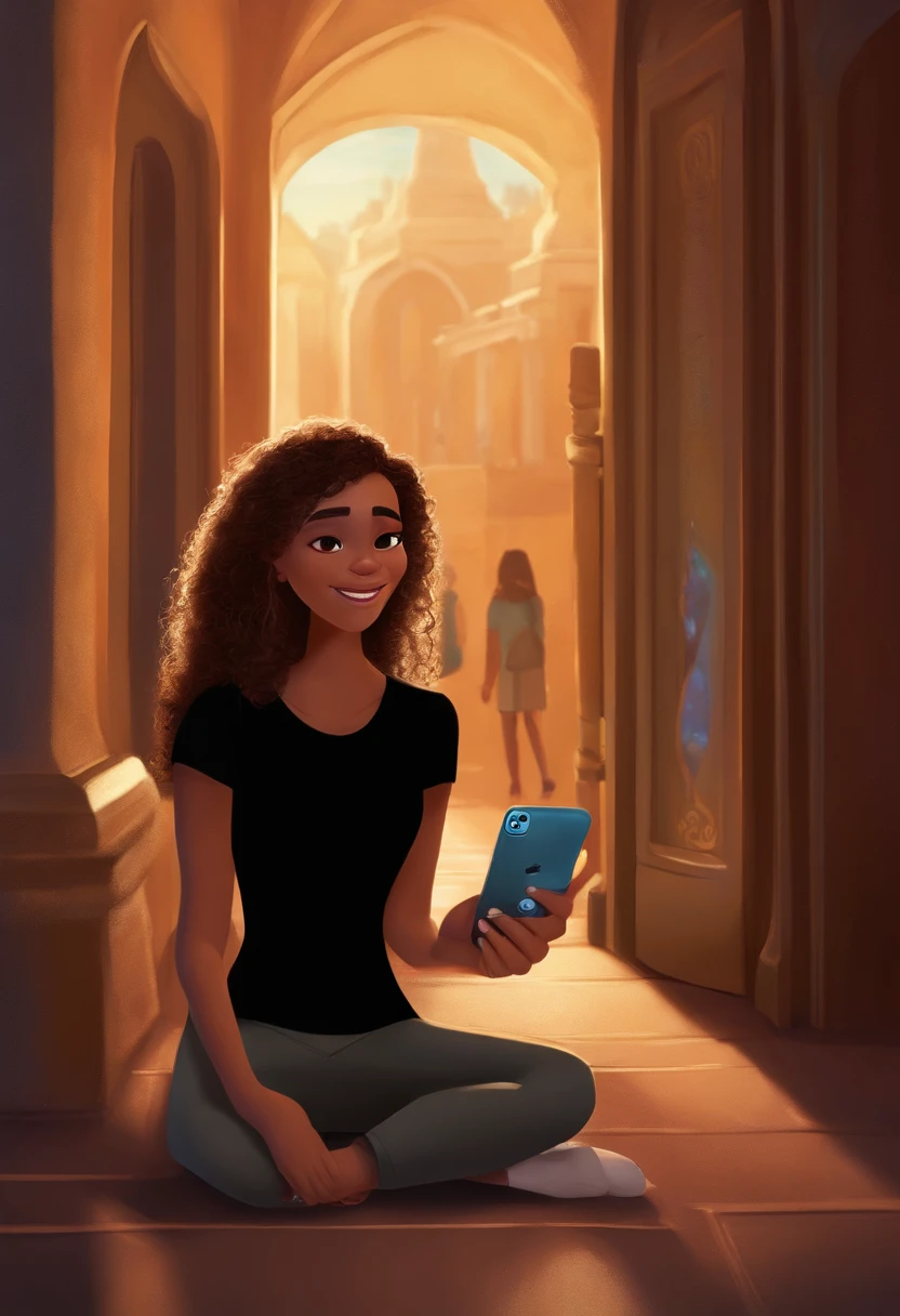 Um filme inspirado na Disney Pixar SOUL  (MENINA PRETA NOVA COM CABELO CACHEADO PRETO LONGO) de 20 anos, Wearing a black T-shirt and near a computer and holding a cell phone in his hand. The scene being in the distinctive art of the PIXAR style master piece, melhor qualidade,retrato de 1girl,