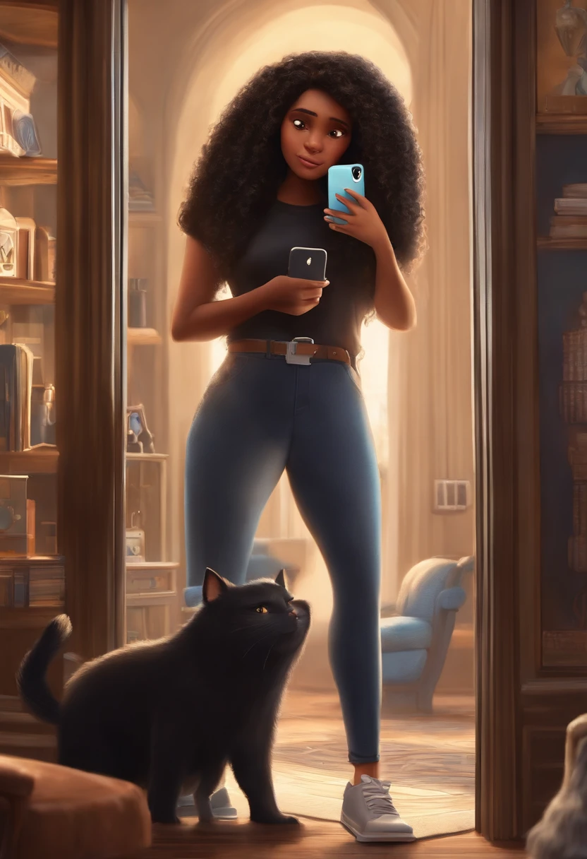 Um filme inspirado na Disney Pixar SOUL (MENINA PRETA NOVA COM CABELO CACHEADO PRETO LONGO) de 20 anos, Wearing a black T-shirt and near a computer and holding a cell phone in his hand. The scene being in the distinctive art of the PIXAR style master piece, melhor qualidade,retrato de 1girl,