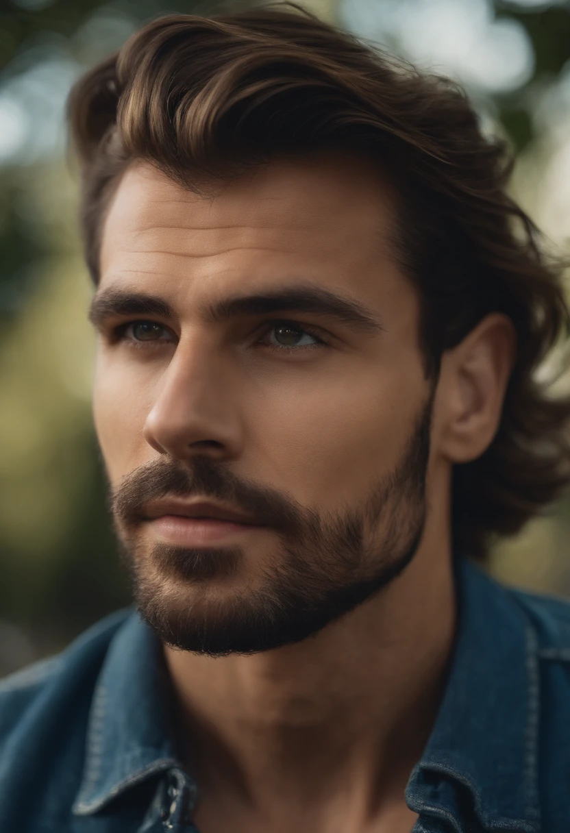Handsome man 25-35 years old, in the park, mullet, brown hair, close up, satellite image, backlighting, UHD, high quality, best quality, highres, 8k, 16k