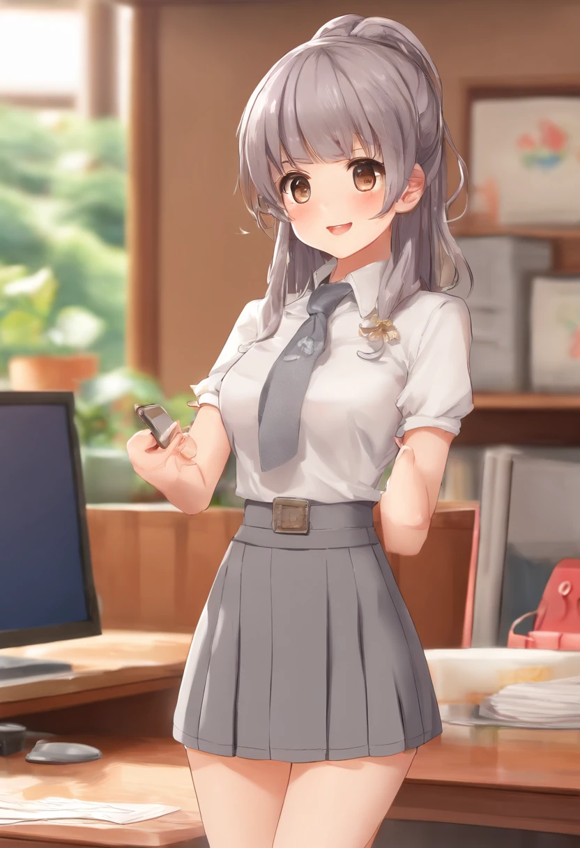 Cabelo colorido e vestido colorido em anime ((orelha de gato 1girl)), Vivid pastel school uniform, rossdraw vivid cartoon, Estilo anime 4K, retrato bonito do anime, artgerm colorido!!!、! Germe da Arte dos Sonhos, Anime bonito, orelha de gato 1girl, arte digital estilo anime, Anime Art Wallpaper 4K, Anime Art Wallpaper 4K, arte de anime digital, germe de arte altamente detalhado, Uniforme escolar, corpo inteiro, sitting in her office, cabelos brancos, Front view, Sorrindo,