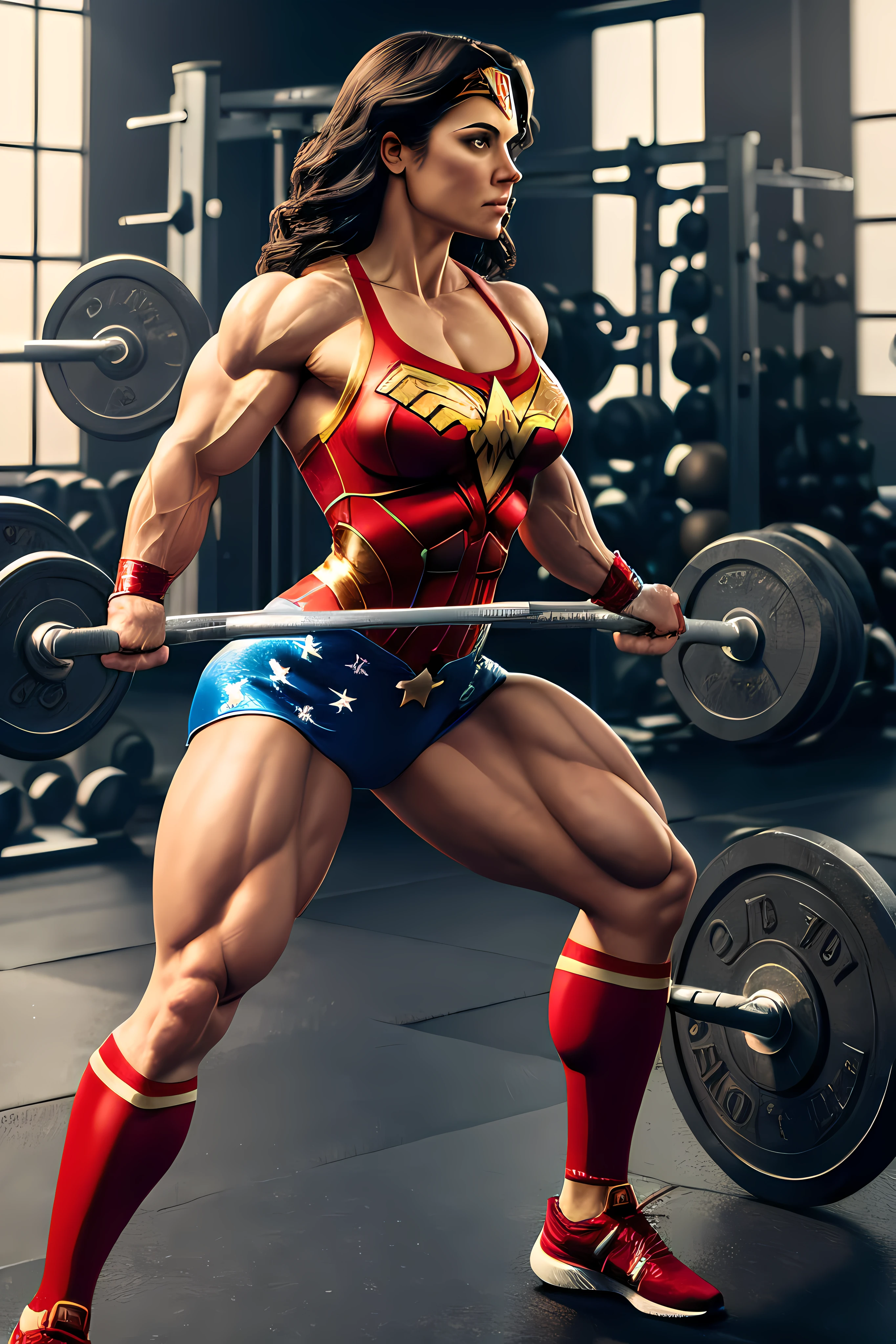 masterpiece, woman lifting weights, woman standing, muscular woman, expression of someone pushing hard, legs open, wonder woman outfit, gym environment, giant alters, highly detailed, 4k, cinematic