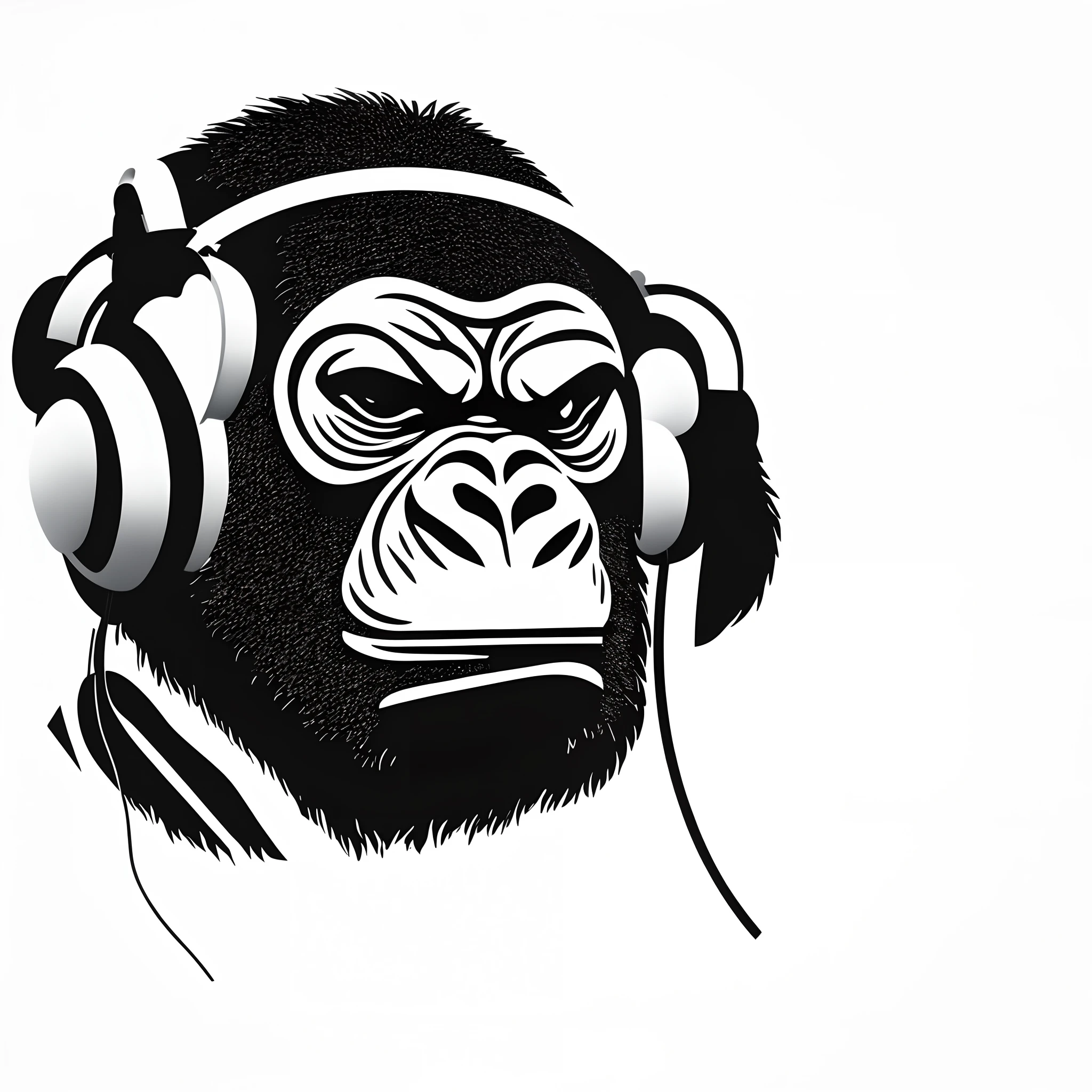 A minimalist and elegant logo for a music label, centered, a angry gorilla wearing headphones, hip hop, black and white, white background