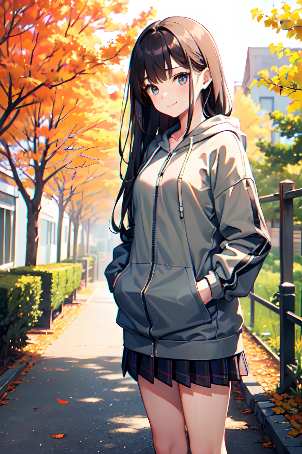 ((1 beautiful young girl)),(Solo、1 persons)、 ((14-year-old junior high school girl:1.5))、(flat chest)、(Dark-haired girl in grey oversized full-zip hoodie:1.37),(Do not wear hoodie hood:1.37)、Wearing a shirt inside a hoodie、(red plaid pleated skirt), (high socks), (lowfers),(Long straight hair)、Autumn Park、Colored leaves、leaves falling、stroll、A slight smil、(Do not put your hands in your pockets:1.37)