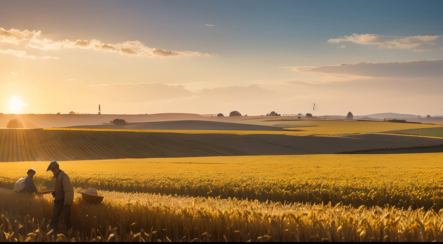 Endless wheat fields,An autumn scene,Farmers are harvesting,The joy of the harvest was evident on his face,in a panoramic view,Realistic wind,hyper HD,Super refined