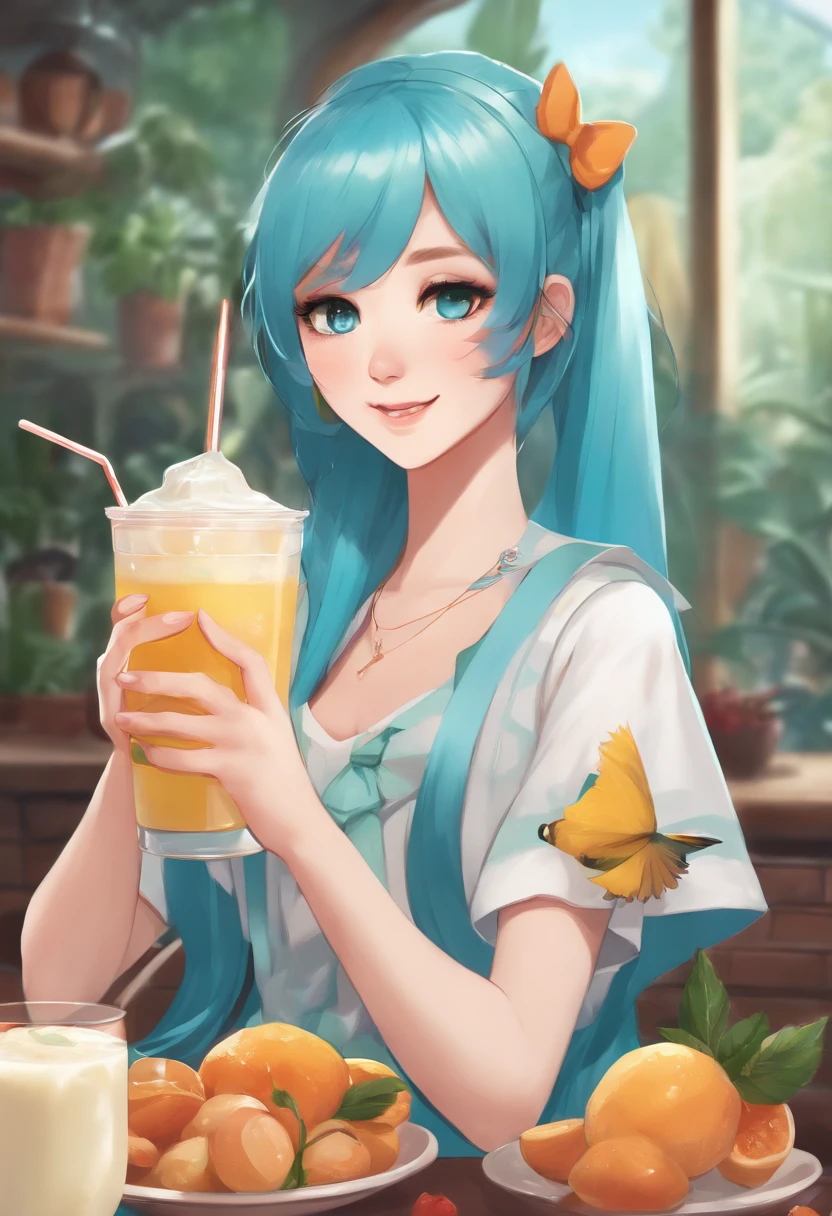 cartoon girl with blue hair holding a chicken smoothie, anime girl drinks energy drink, miku, [[[[grinning evily]]]], mikudayo, 2 d anime style, hatsune miku, hatsune miku portrait, holding a drink, with a drink, by Shingei, hatsune miku face, anime moe artstyle