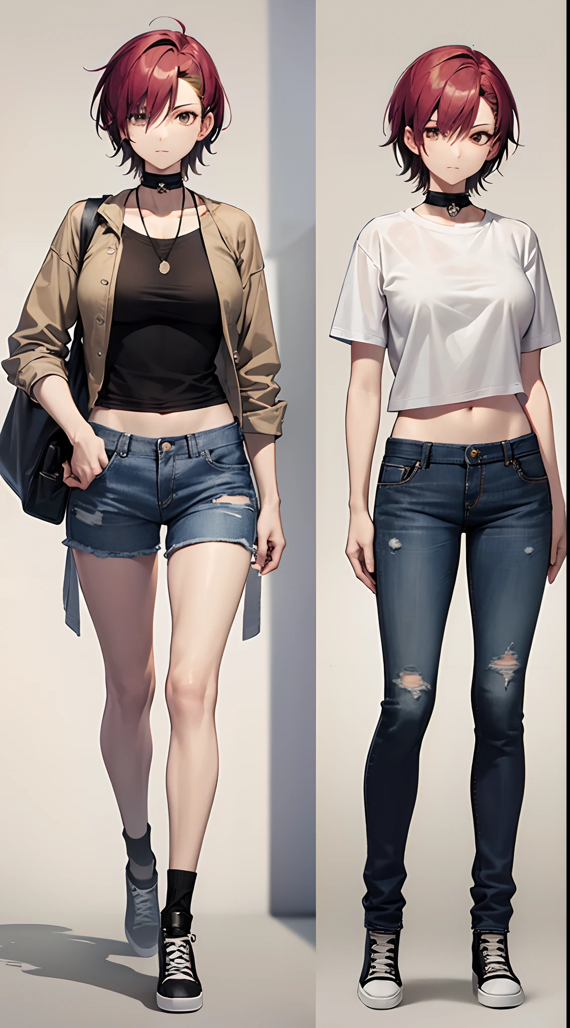 (CharacterSheet), (full body, reference sheet),  Vtuber reference pose, character A-poses, ( 1 girl ), red hair, cool looking woman, short hair, tomboy, mature woman, expressive eyes, relax, (perfect female proportions), (t-shirts with midriff)+, (open shirt, (oversized shirt loose)) +, (very large breasts)+, (rugged jeans)+, ripped short jean, long legs, skinny legs, slim hips, wear Converse shoes, tomboy, milfication, mature female, simple pose, for reference sheet, warm color tone, casual clothes, heartwarming anime characters, masterpiece, best quality