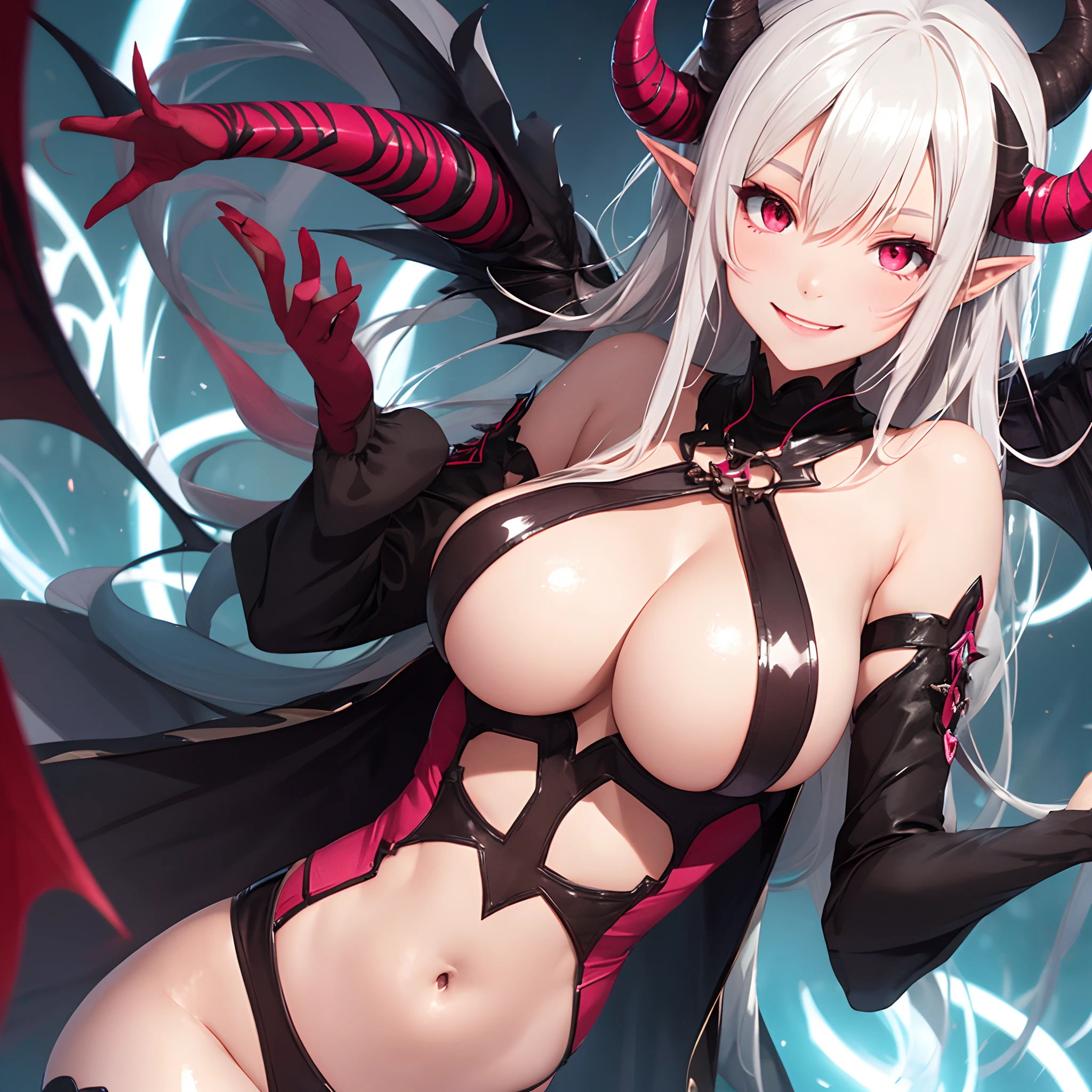 1girl in, Horns, Solo, pointy ear, Long hair, underboob,  Bare shoulders, Looking at Viewer, Upper body, Demon Girl, Smile,  Demon Horns, Pink eyes, Curled horns, Red Eyes，Huge breasts,(Shiny skin),succubus,