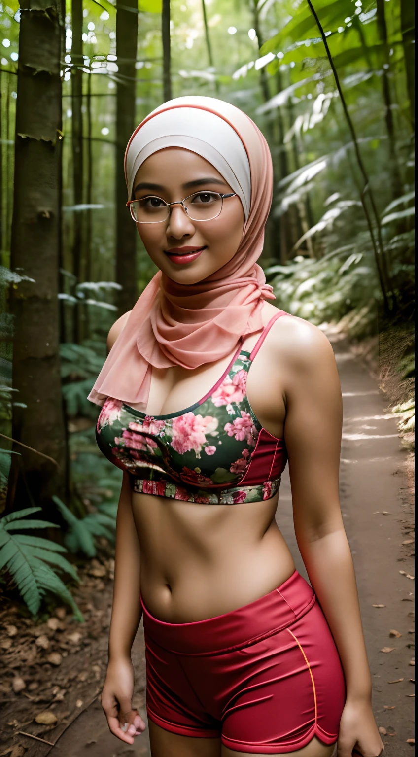 (iu:0.8),cleavage, RAW, Best quality, high resolution, Masterpiece: 1.3, Beautiful glasses (((hijabi))) javanese girl wearing floral sports_bra and thighshort on a forest trail, Masterpiece, Soft smile