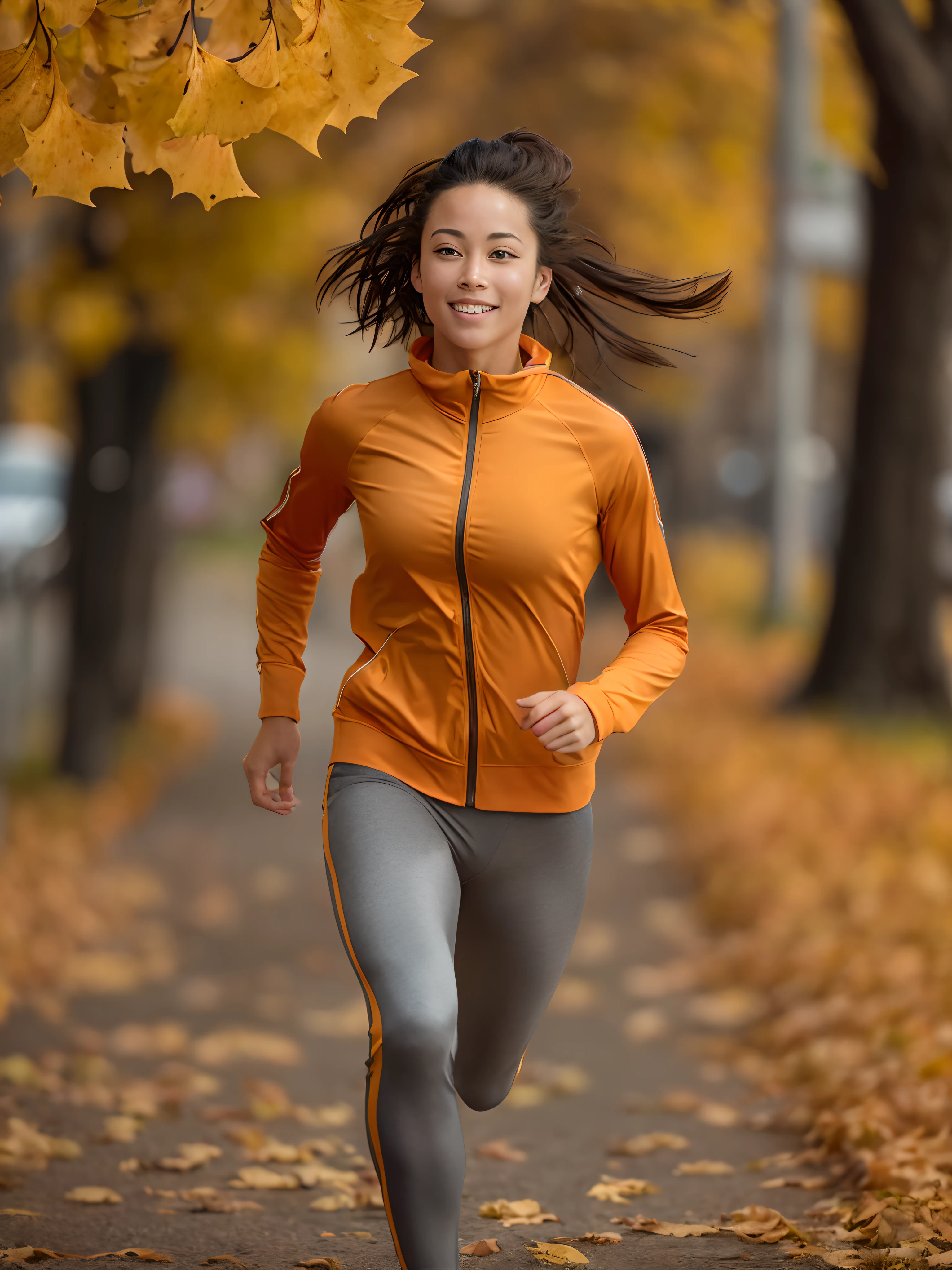 (a cool girl in sportswear,sprinting):1.2,(best quality,4k,8k,highres,masterpiece:1.2),ultra-detailed,(realistic,photorealistic,photo-realistic:1.37),vivid colors,(professional,sporty,athletic:1.1),sharp focus,golden hour lighting,autumn colors,jogging trail,sweat dripping,energetic,active lifestyle,adventurous,glowing skin,healthy and fit physique,wind blowing through hair,motion blur,falling leaves,cityscape background,ginkgo trees lining the path,confident stride,full of vitality