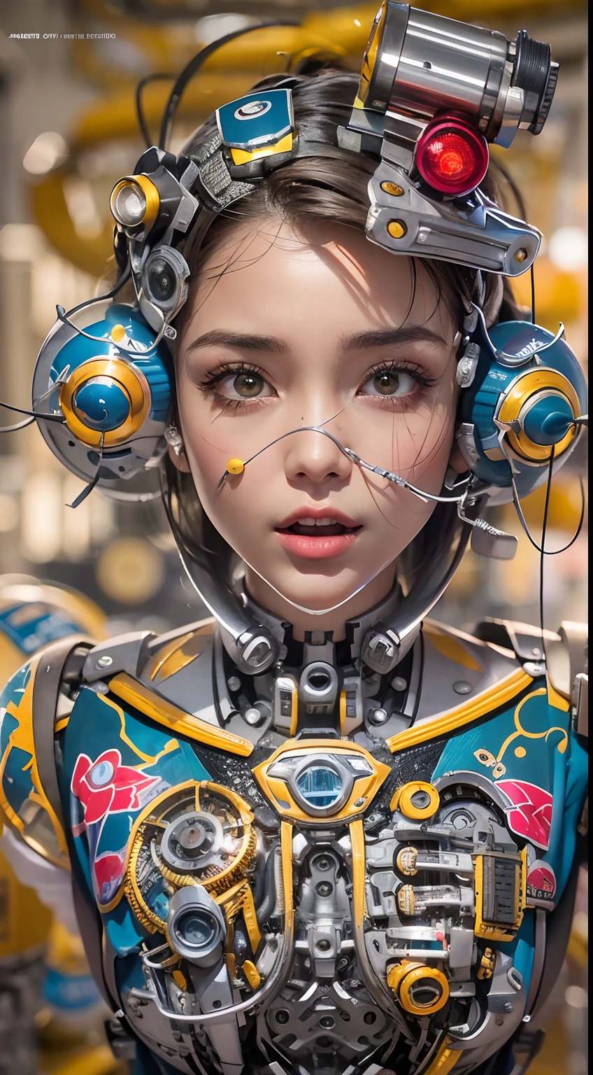melhor qualidade, tmasterpiece, ultra-high resolution, Rendered with camera-like realism, ((((Pintura do corpo colorido estilo Romero Brito)))), fotografia real,(((( a mechanical girl)))),((sozinho)),(((Corpo inteiroesbiano))),((perfect facial features,rosto deliciado)),((rosto limpo)),((There's nothing else in the face)), altamente realistamente detalhado, Panoramic lighting effects, fim, Accurate shading representation, rendering by octane, 8K分辨率, Reveal vivid skin details, Representation of metallic materials, Representation of vacuum tubes、Tubes for liquids、oil pressure gauges、tubos de vidro、Simule detalhes como medidores, Destaque para os detalhes das engrenagens, realismo efeito de luz, Face the Eyes of the Audience,Mechanical components, The mechanical spine is fixed to the back, Mechanical fastening attached to the neck,