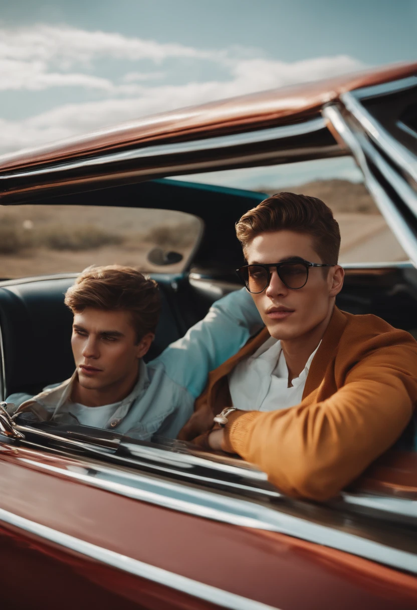 Front view of two young men in a moving car