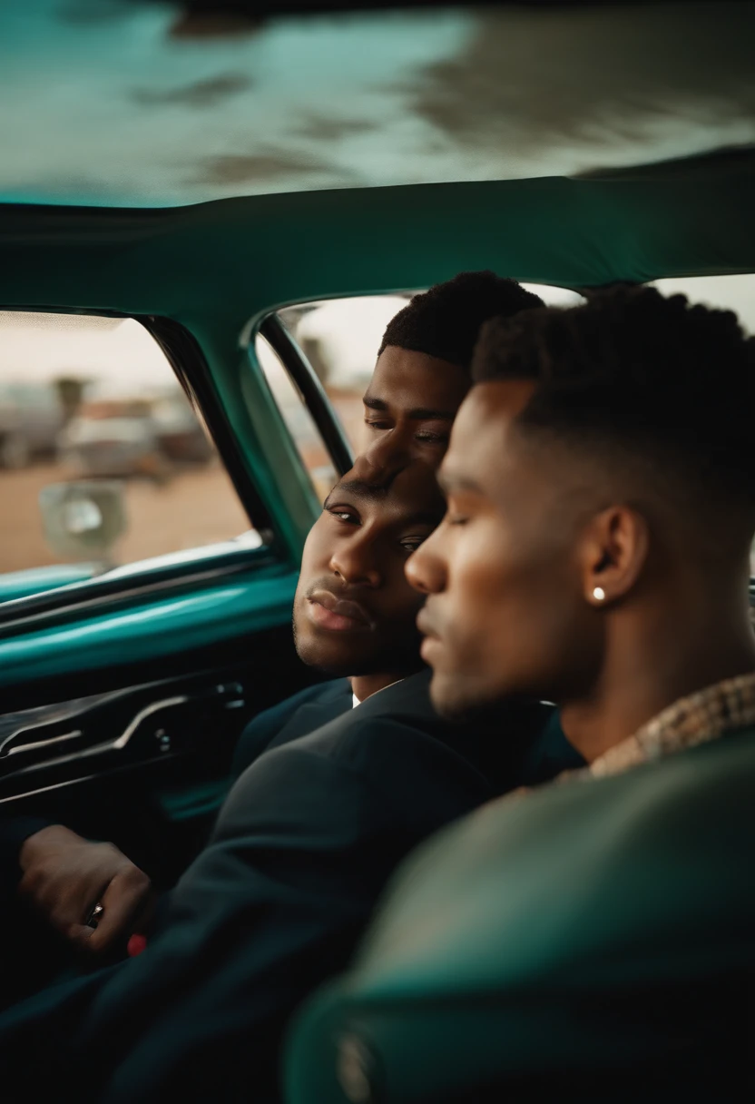 Front view of two young men in a moving car