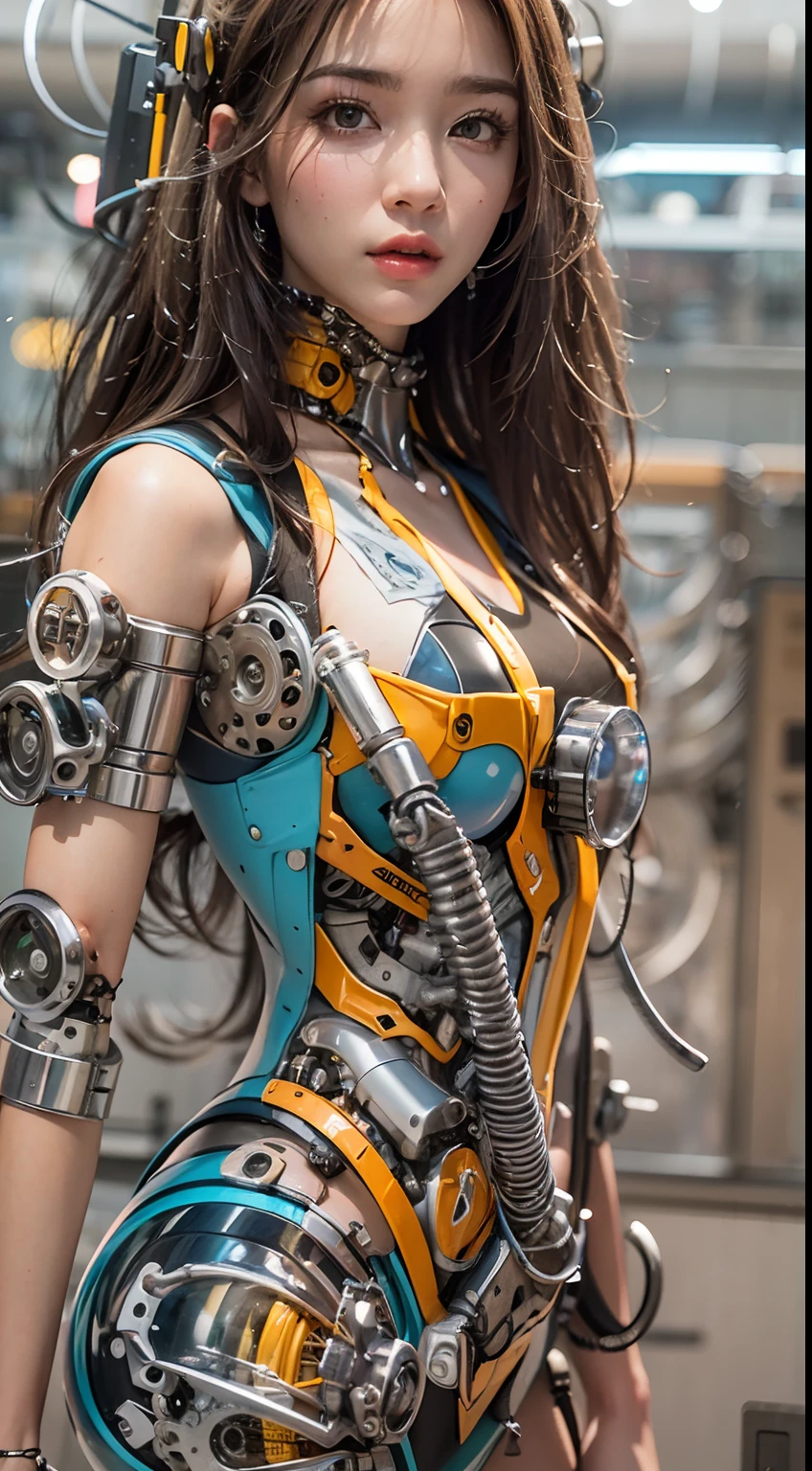 melhor qualidade, tmasterpiece, ultra-high resolution, Rendered with camera-like realism, ((((Pintura do corpo colorido estilo Romero Brito)))), fotografia real,(((( a mechanical girl)))),((sozinho)),(((Corpo inteiroesbiano))),((perfect facial features,rosto deliciado)),((rosto limpo)),((There's nothing else in the face)), altamente realistamente detalhado, Panoramic lighting effects, fim, Accurate shading representation, rendering by octane, 8K分辨率, Reveal vivid skin details, Representation of metallic materials, Representation of vacuum tubes、Tubes for liquids、oil pressure gauges、tubos de vidro、Simule detalhes como medidores, Destaque para os detalhes das engrenagens, realismo efeito de luz, Face the Eyes of the Audience,Mechanical components, The mechanical spine is fixed to the back, Mechanical fastening attached to the neck,